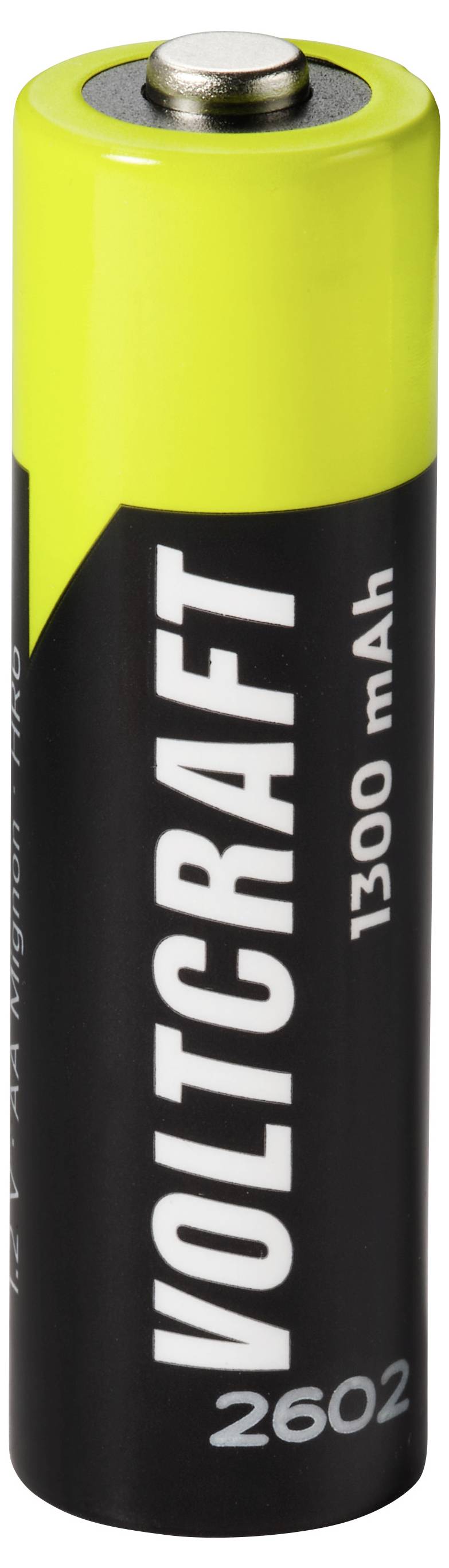 Schwarz-gelbe Voltraft 1300-mAh-AA-Batterie aufrecht auf weißem Hintergrund stehend.