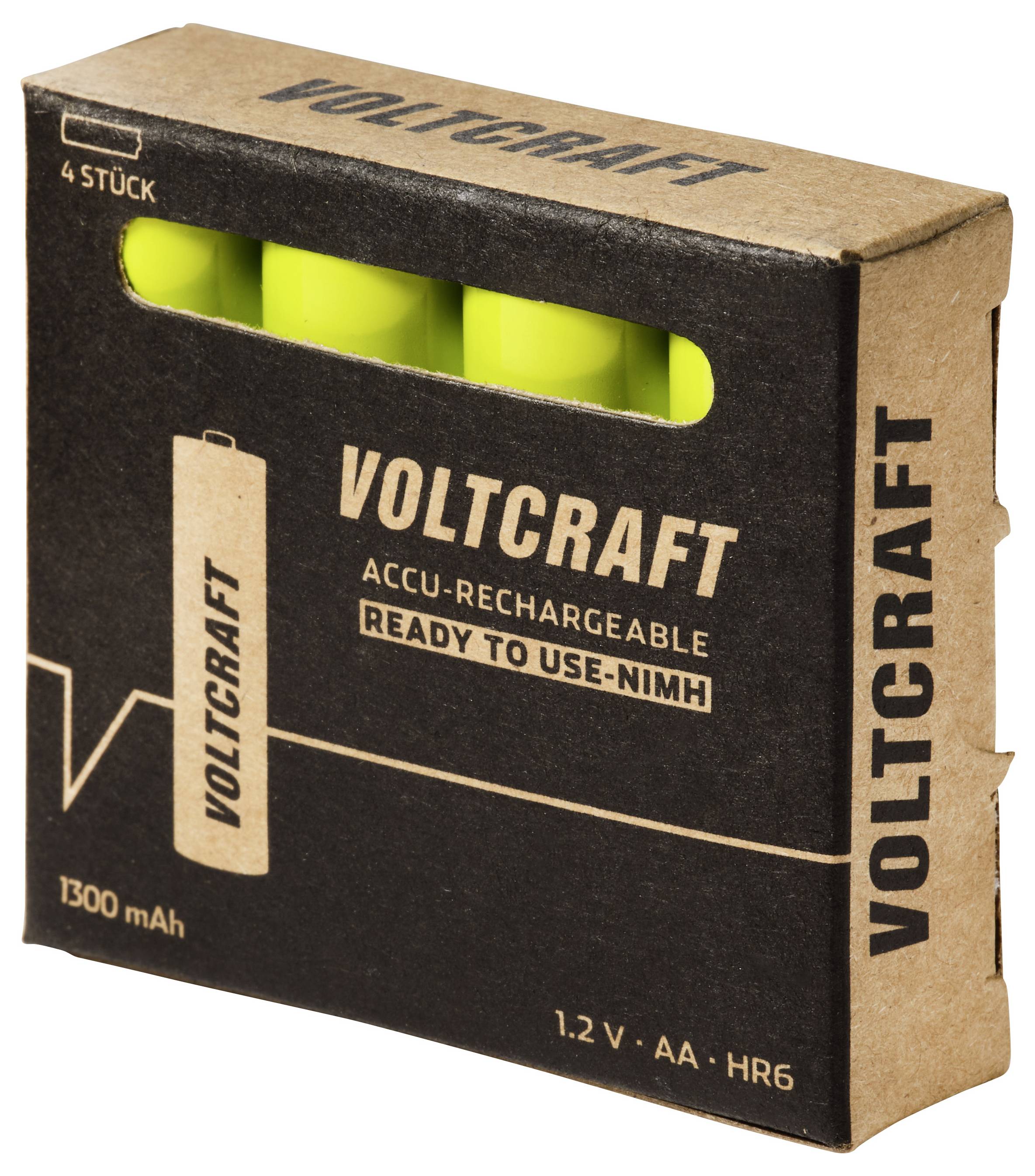 Voltcraft wiederaufladbare AA-Batterien in schwarzer Kartonverpackung mit Fenster, das vier gelbe Zellen zeigt, gekennzeichnet mit 1800 mAh und 1,2 V HR6.