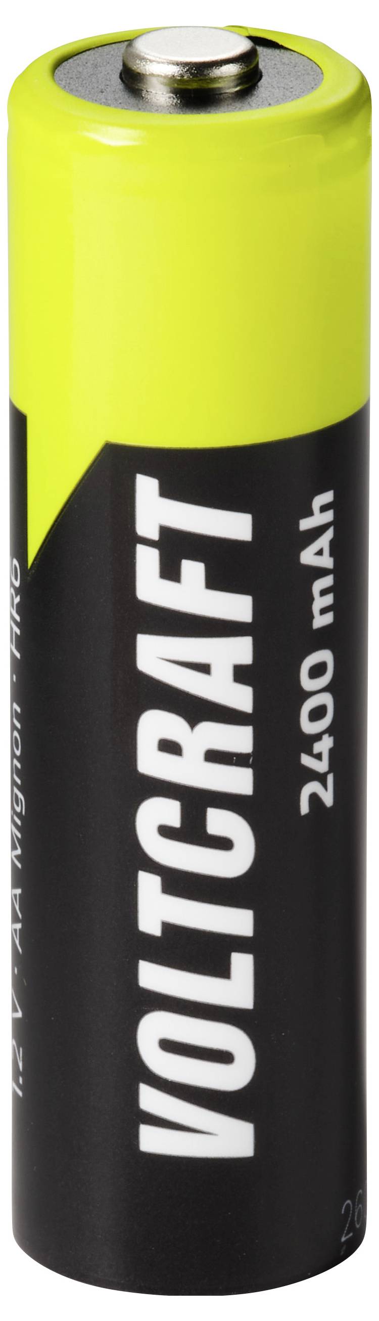 Eine gelb-schwarze VoltaCraft 2400-mAh-Batterie, aufrecht auf weißem Hintergrund abgebildet.