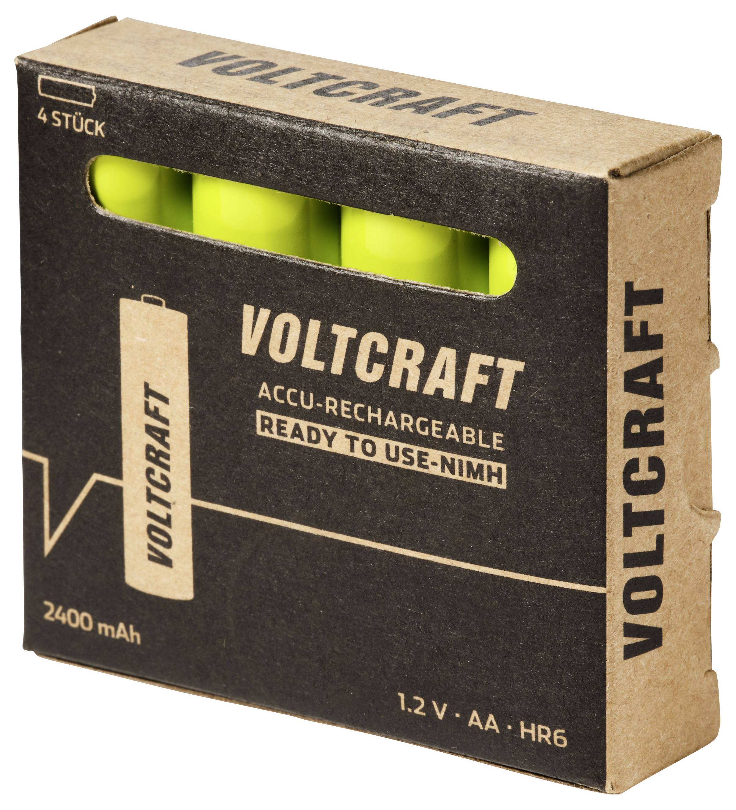 Voltcraft wiederaufladbare AA NiMH Batterien in einer 4er-Packung, mit der Bezeichnung 2400 mAh und 1,2 V AA HR6.