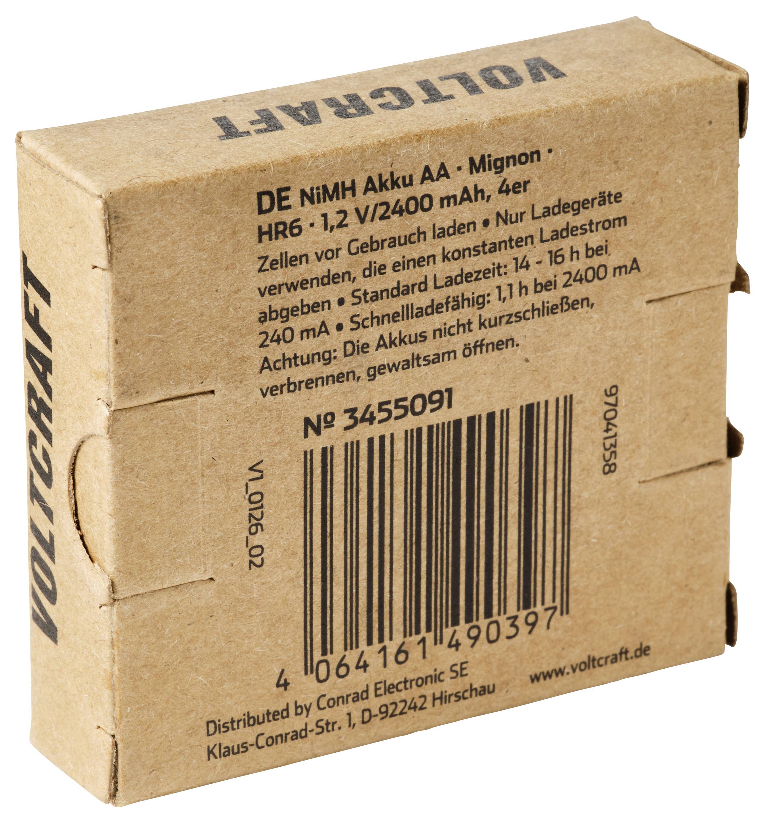 Kartonschachtel mit VOLTCRAFT wiederaufladbaren AA-Batterien, gekennzeichnet für 4 NiMH 1,2V 2400-mAh-Zellen mit Barcode und deutschem Warntext.