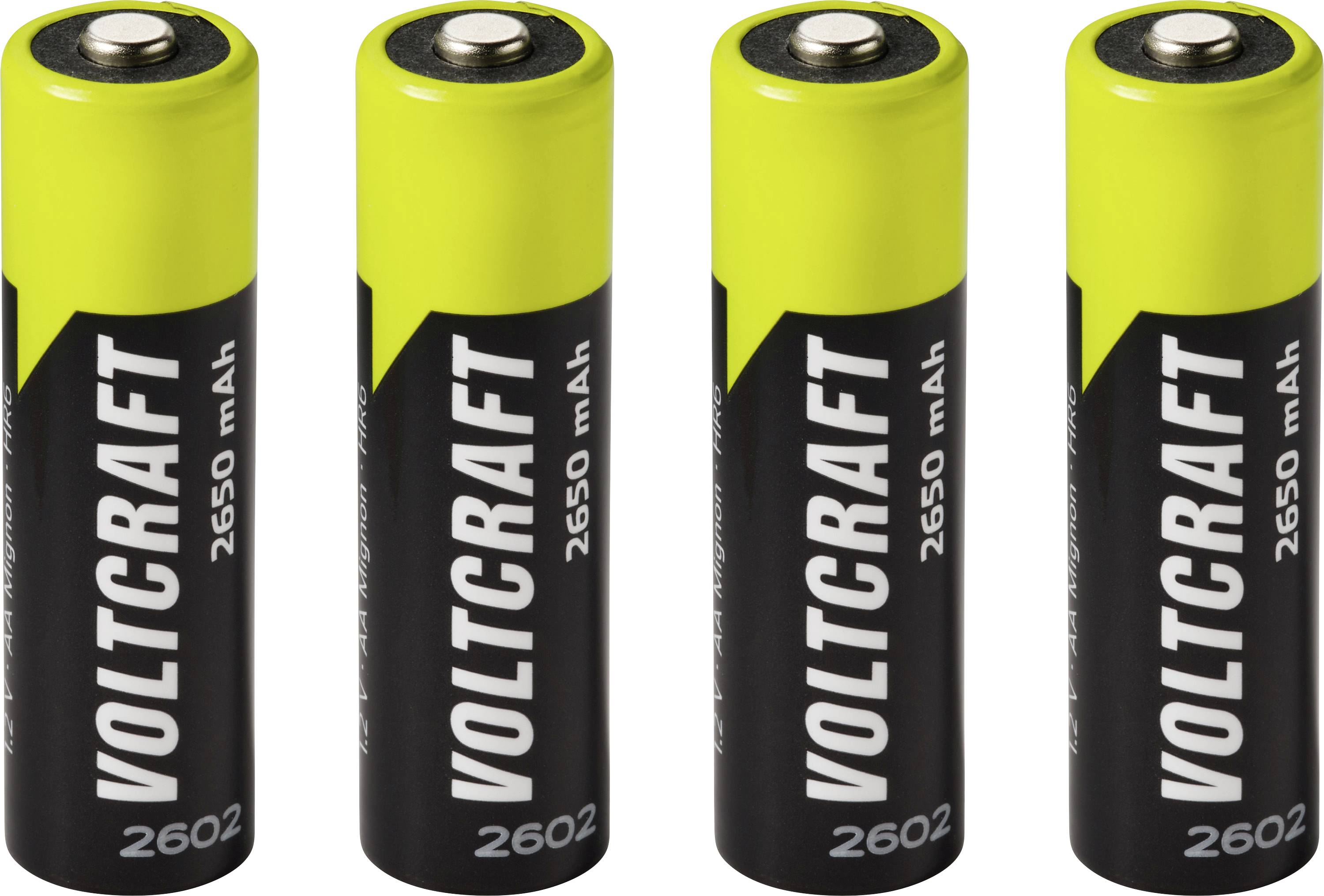 Vier gelb-schwarze Voltcraft 2602 AA Wiederaufladbare Batterien aufrecht nebeneinander in einer Reihe stehend.