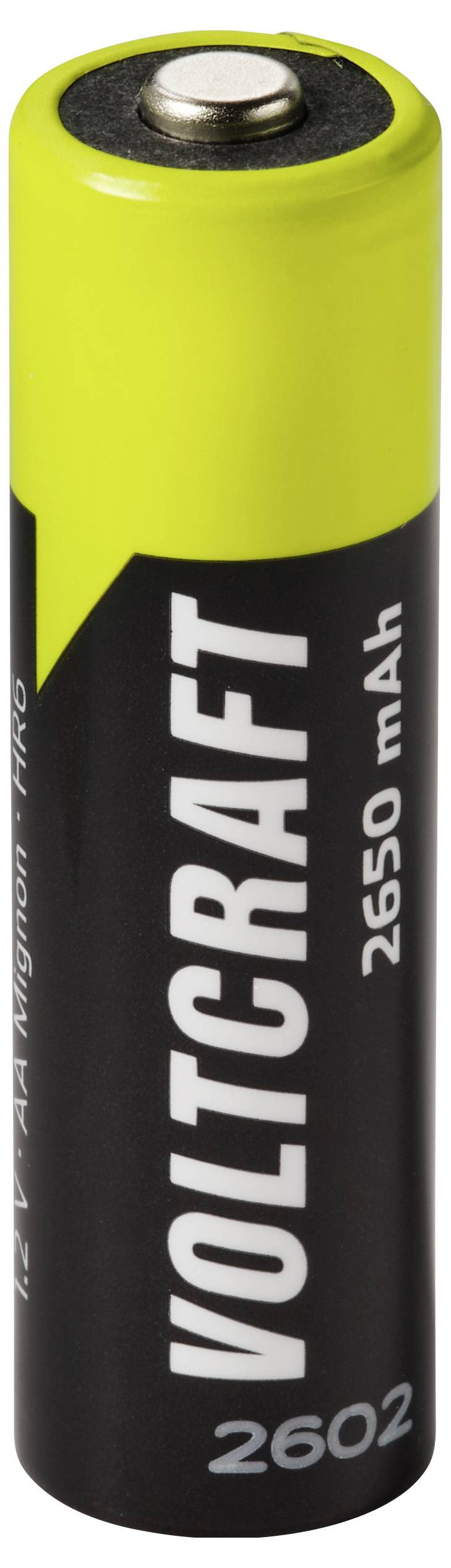 Nahaufnahme einer gelb-schwarzen VOLTCRAFT 2602 2650-mAh-Akku.
