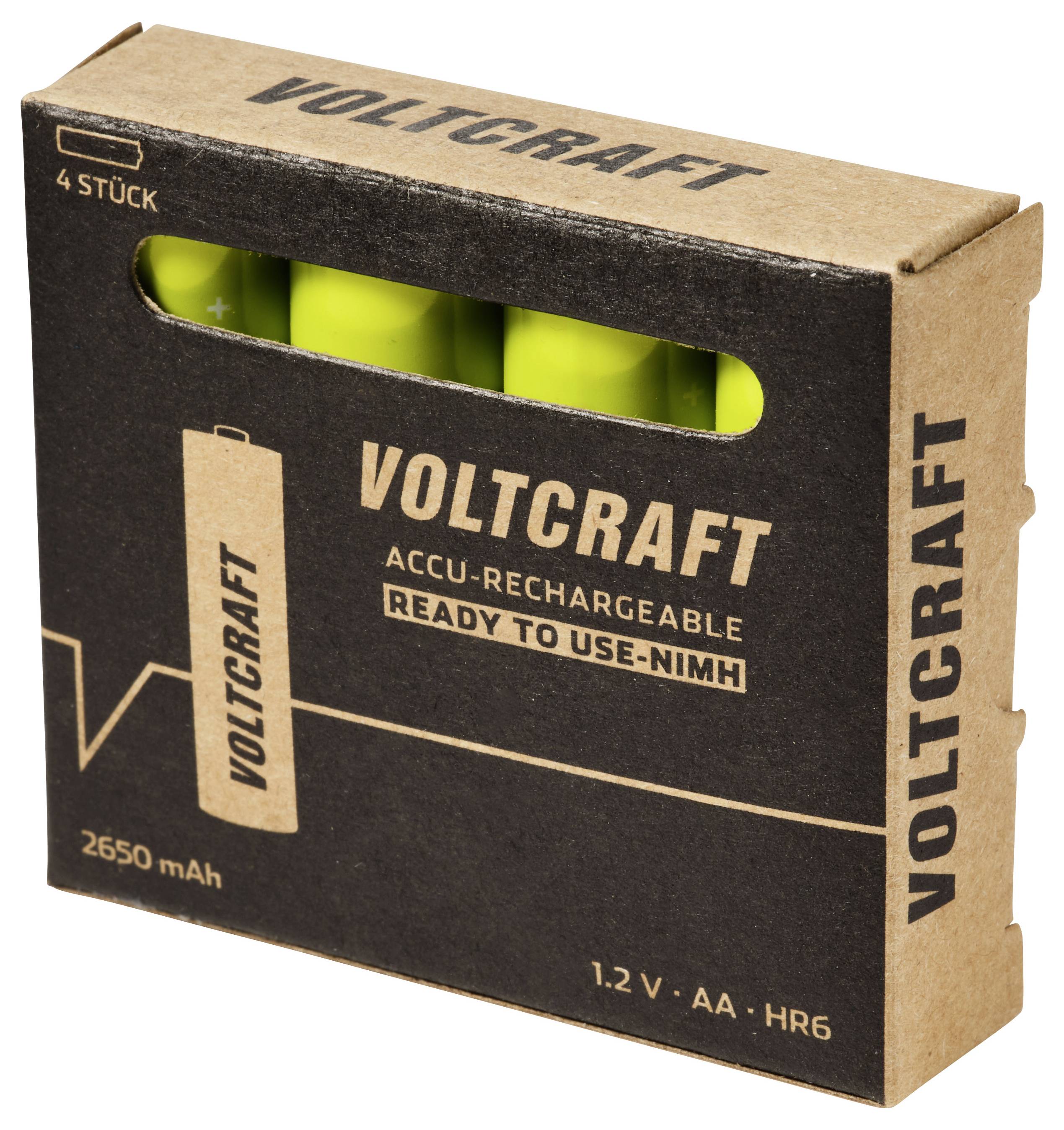 Verpackung für VOLTCRAFT wiederaufladbare AA-Batterien mit 4 Stück, 2650 mAh, 1,2 V NiMH einsatzbereit.