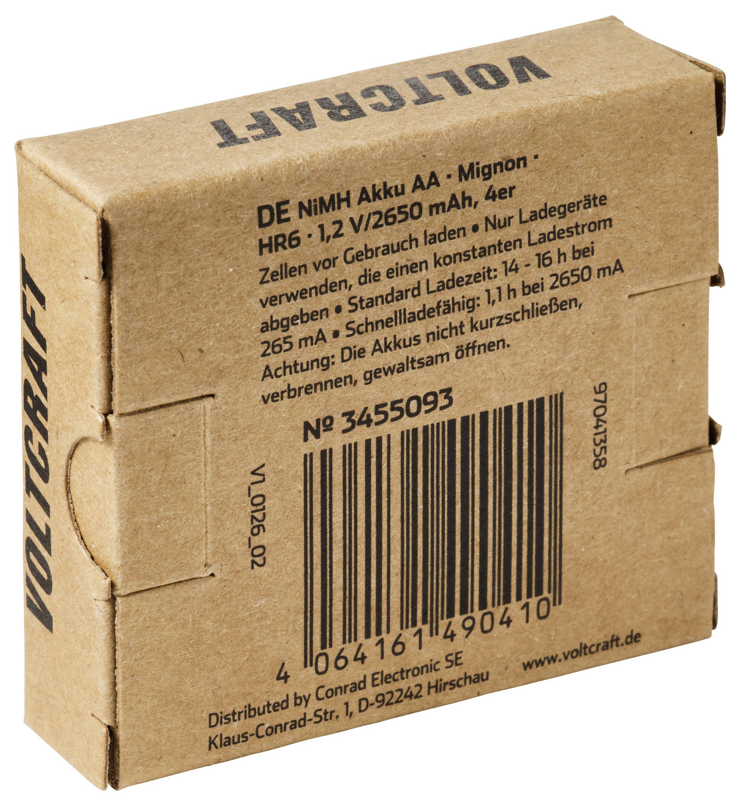 Eine braune Pappschachtel für Varta DE NIMH AA Wiederaufladbare Batterien, mit Produkttext und einem Barcode auf der Vorderseite bedruckt.