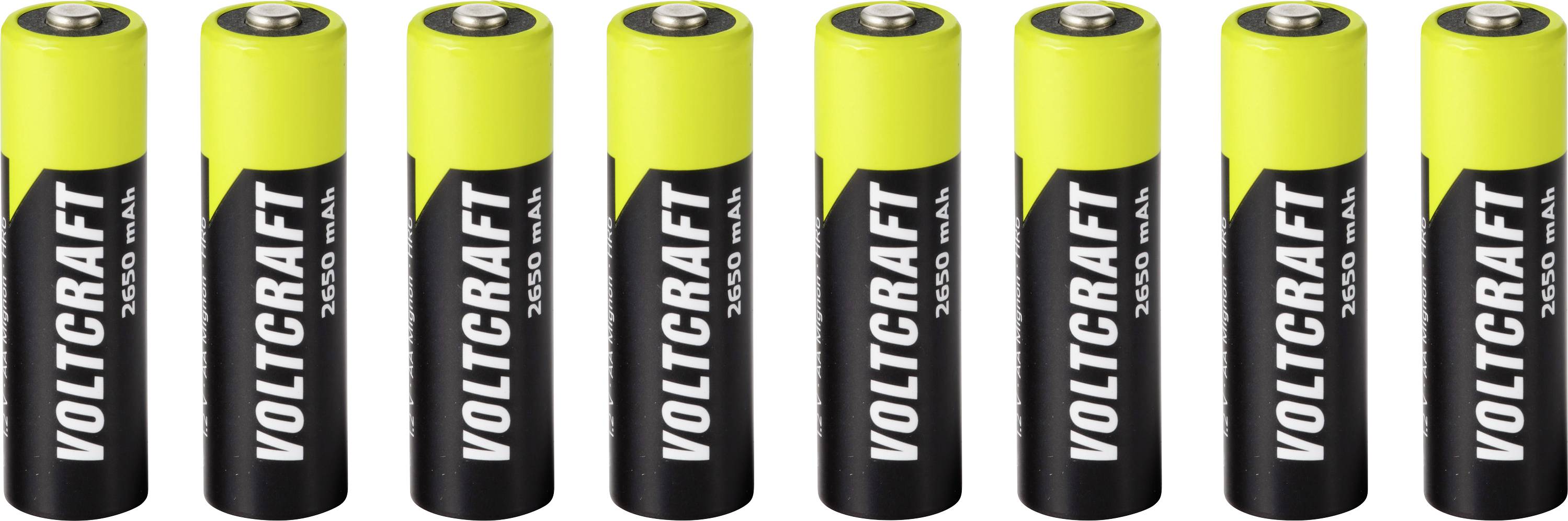 Acht Voltcraft 14500 wiederaufladbare Batterien in einer Reihe aufrecht angeordnet, schwarzes und gelbes Design mit 
