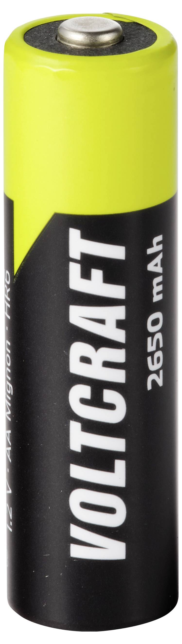 Eine gelb und schwarz gestreifte Volcraft 2650-mAh-Batterie, aufrecht dargestellt, mit dem Markennamen vertikal auf dem Etikett gedruckt.