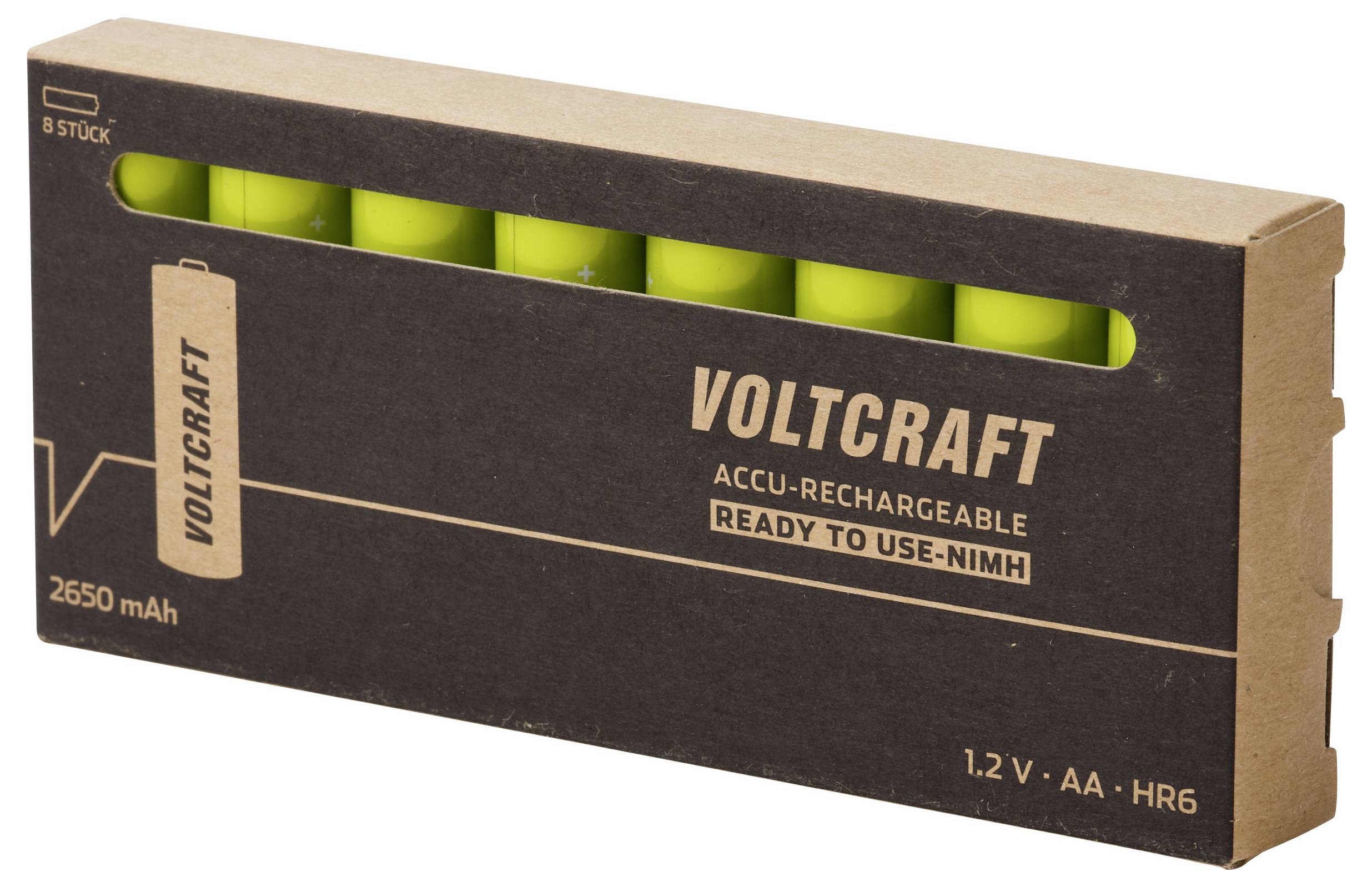 Verpackte Voltcraft 8er-Packung wiederaufladbare AA-NiMH-Batterien, gekennzeichnet mit 2650 mAh und 1,2 V, mit grünen Zellen, die durch das Fenster sichtbar sind.