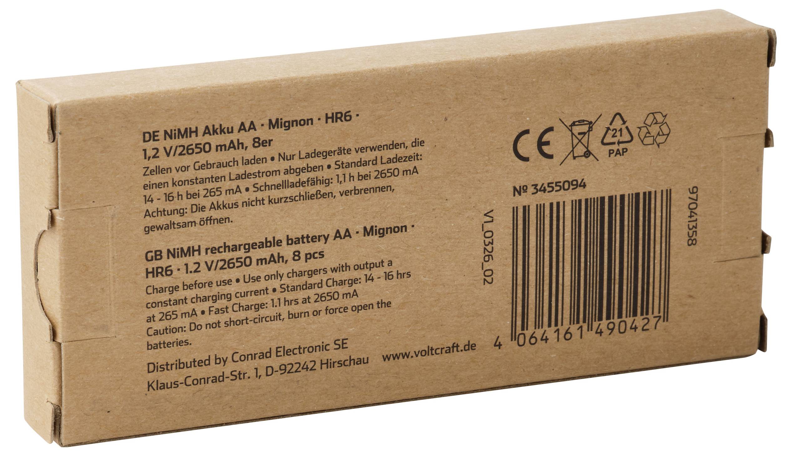 Pappkarton für Einzelhandel für Akkuladegerät für wiederaufladbare AA/AAA-Batterien, gekennzeichnet auf Deutsch mit Barcode, CE- und Recycling-Symbolen.