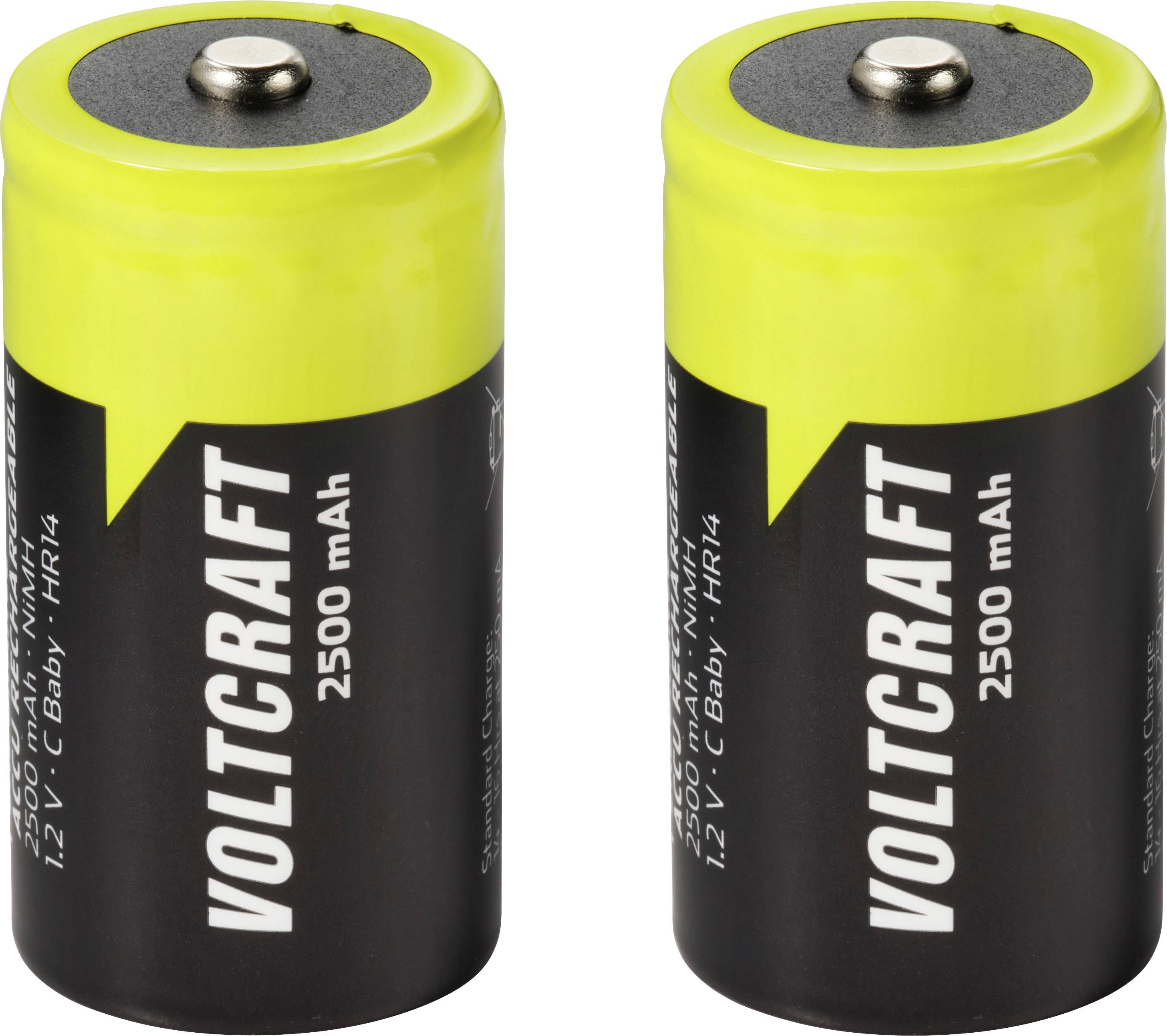Zwei gelb-schwarze VOLTCRAFT 2500-mAh-Akkus aufrecht nebeneinander auf weißem Hintergrund.