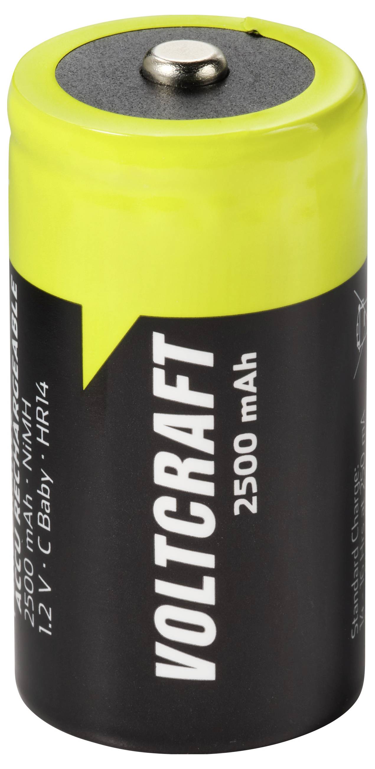 Gelbe und schwarze wiederaufladbare Batteriezelle mit der Bezeichnung „VOLTCraft