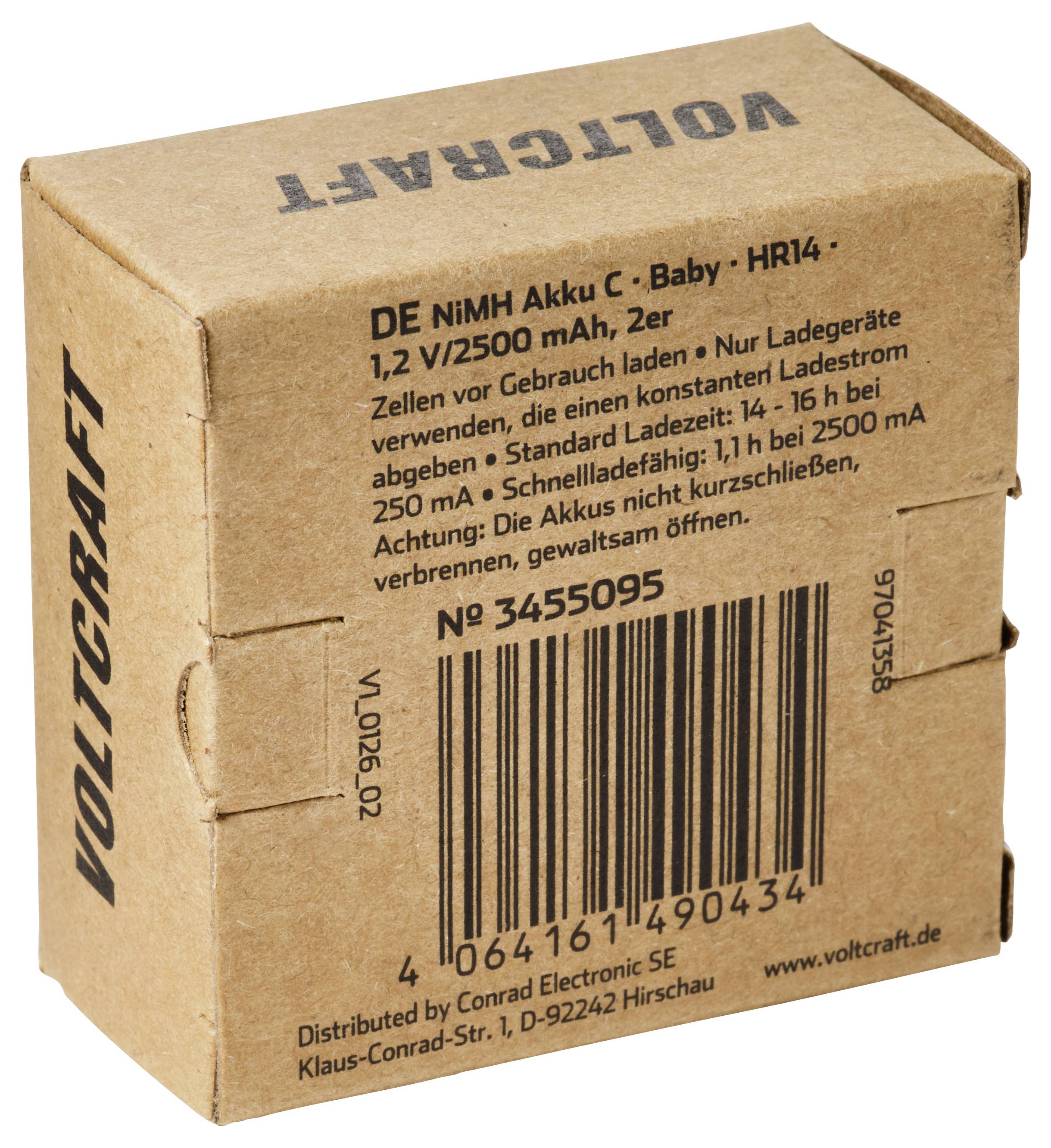 Eine braune Pappschachtel von VOLTCRAFT wiederaufladbaren Batterien, beschriftet in deutscher Sprache mit einem Barcode und Produktdetails.
