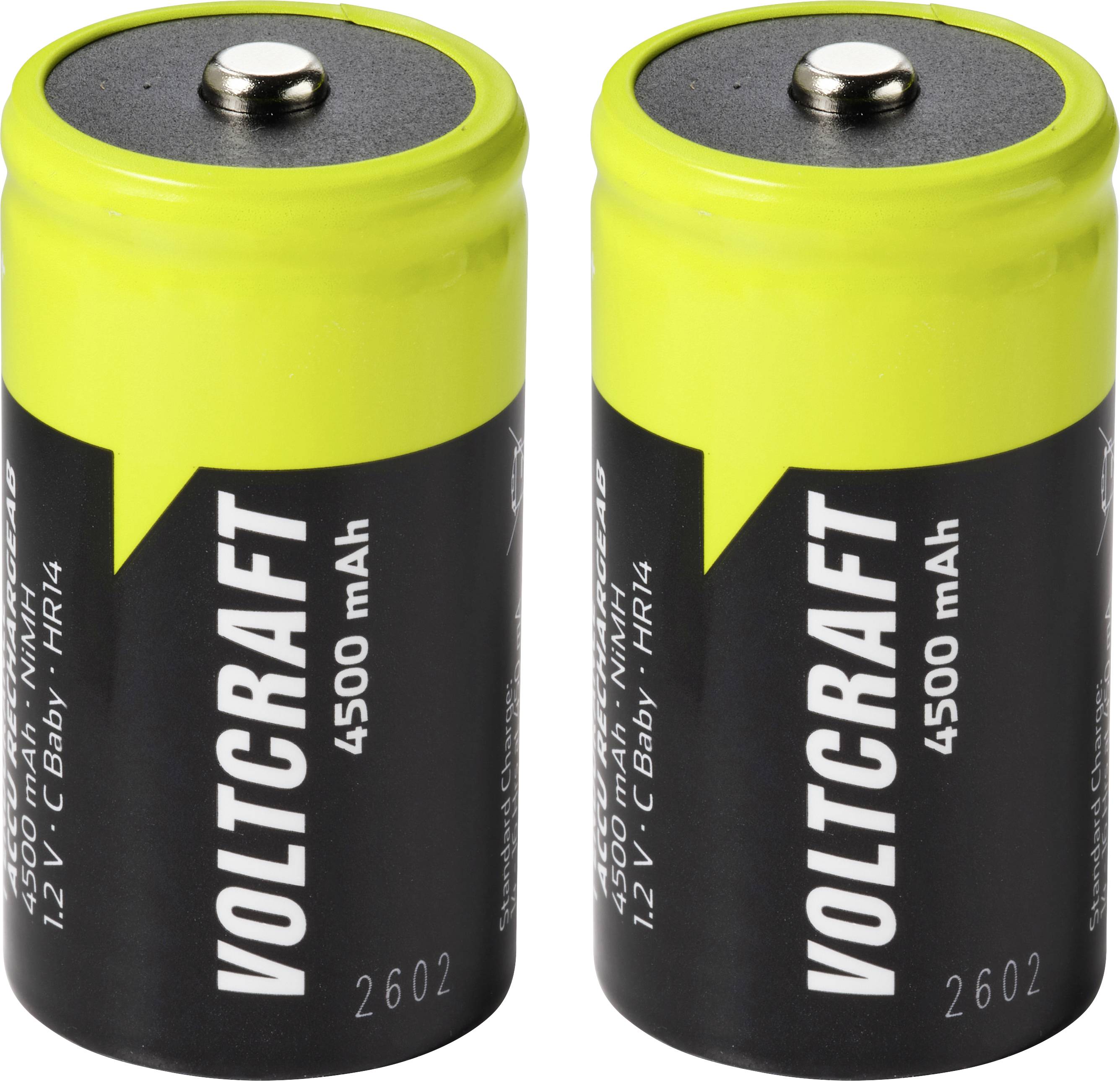 Zwei Voltcraft 1,2V C-Größe wiederaufladbare Batterien mit der Aufschrift „4500 mAh