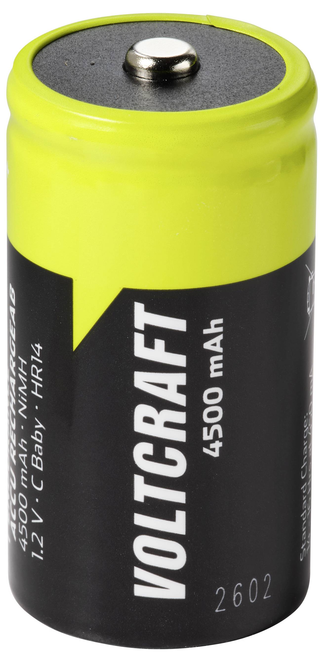 Gelbe und schwarze Voltcraft wiederaufladbare Batteriezelle mit der Bezeichnung 4500 mAh mit einem oberen Metallanschluss.