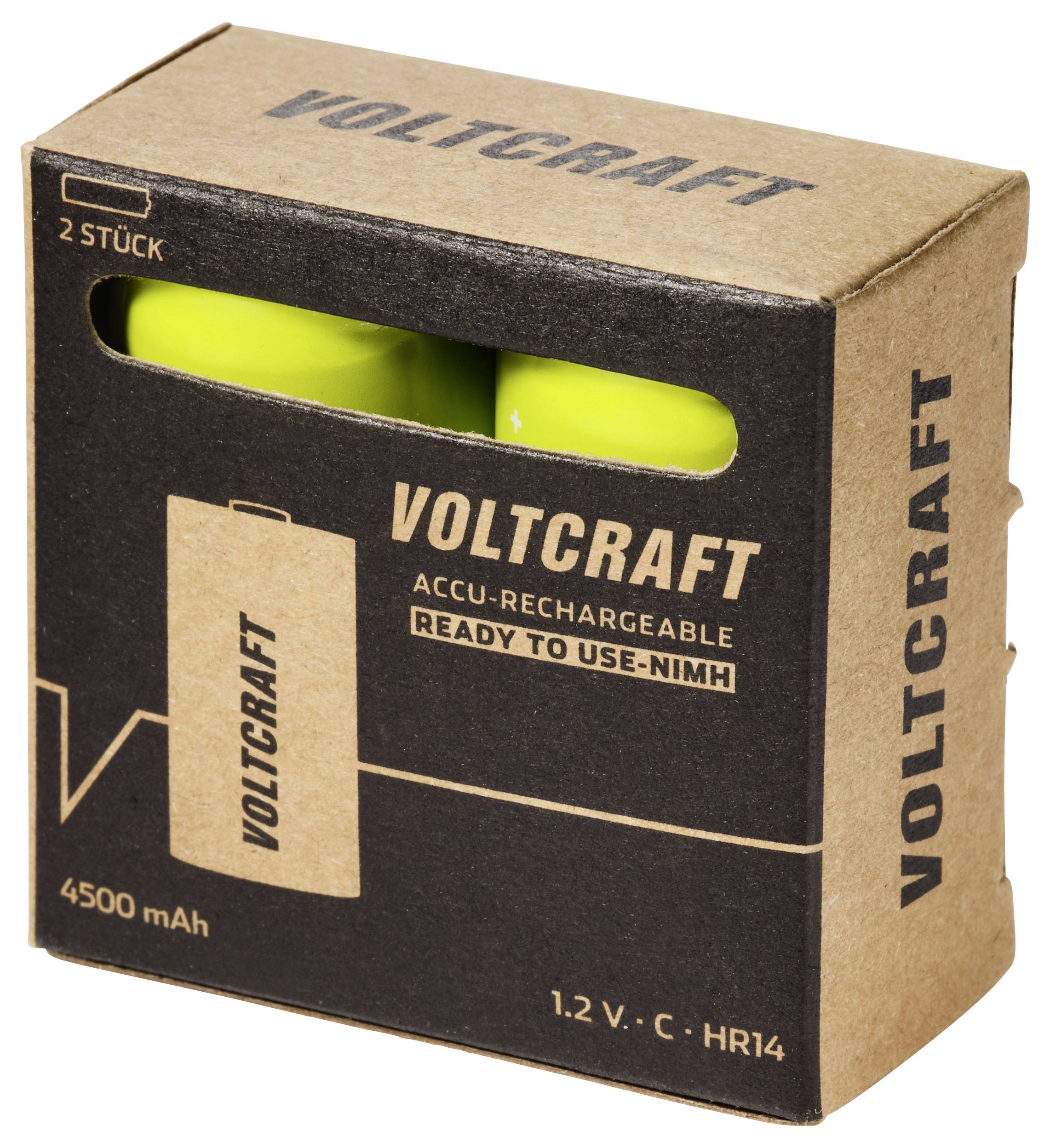 Voltcraft Papppackung mit Fenster, das zwei grüne wiederaufladbare C-Batterien zeigt; gekennzeichnet mit 