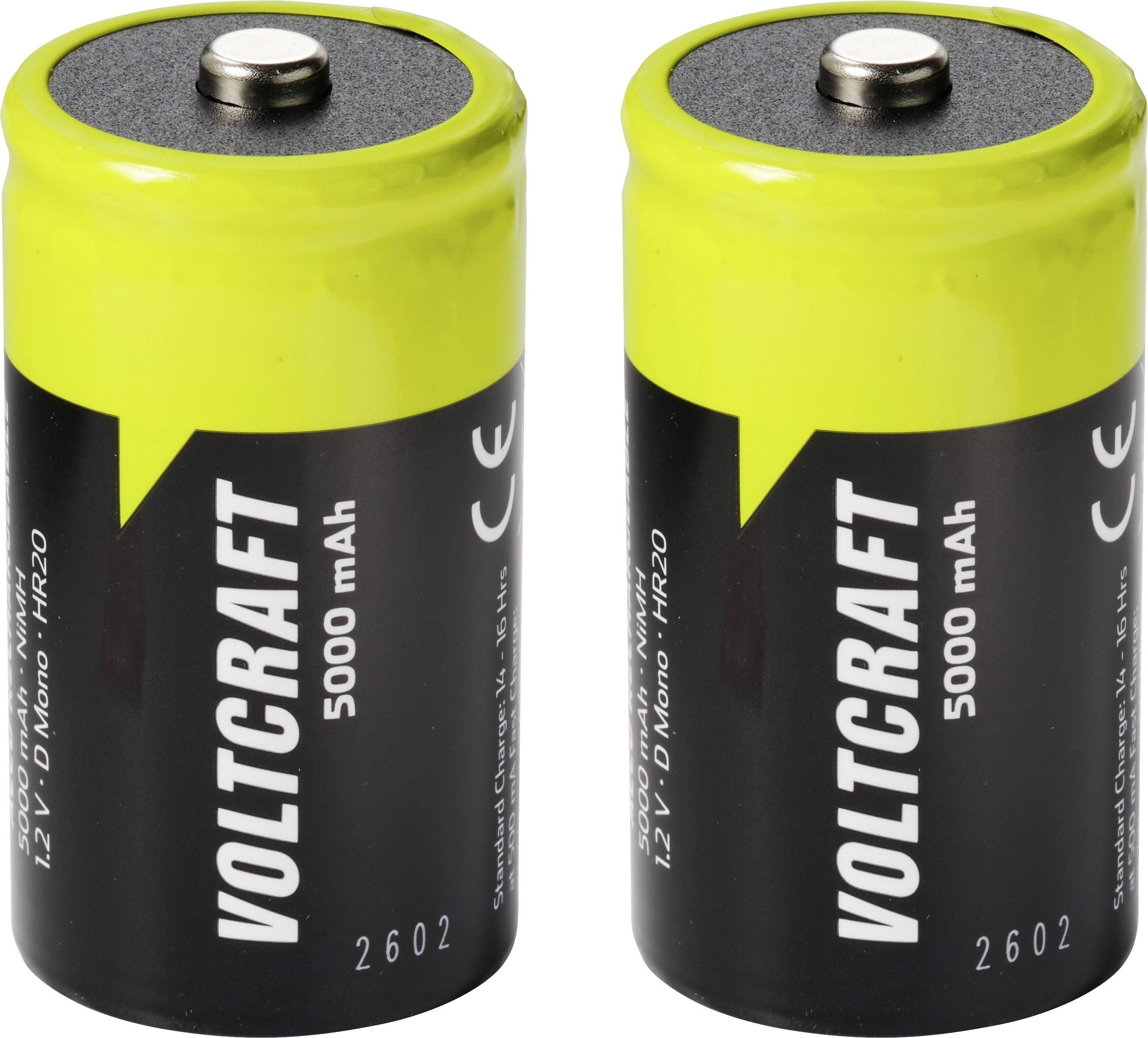 Zwei Voltcraft 1,2V D Mono Wiederaufladbare Batterien nebeneinander auf weißem Hintergrund.