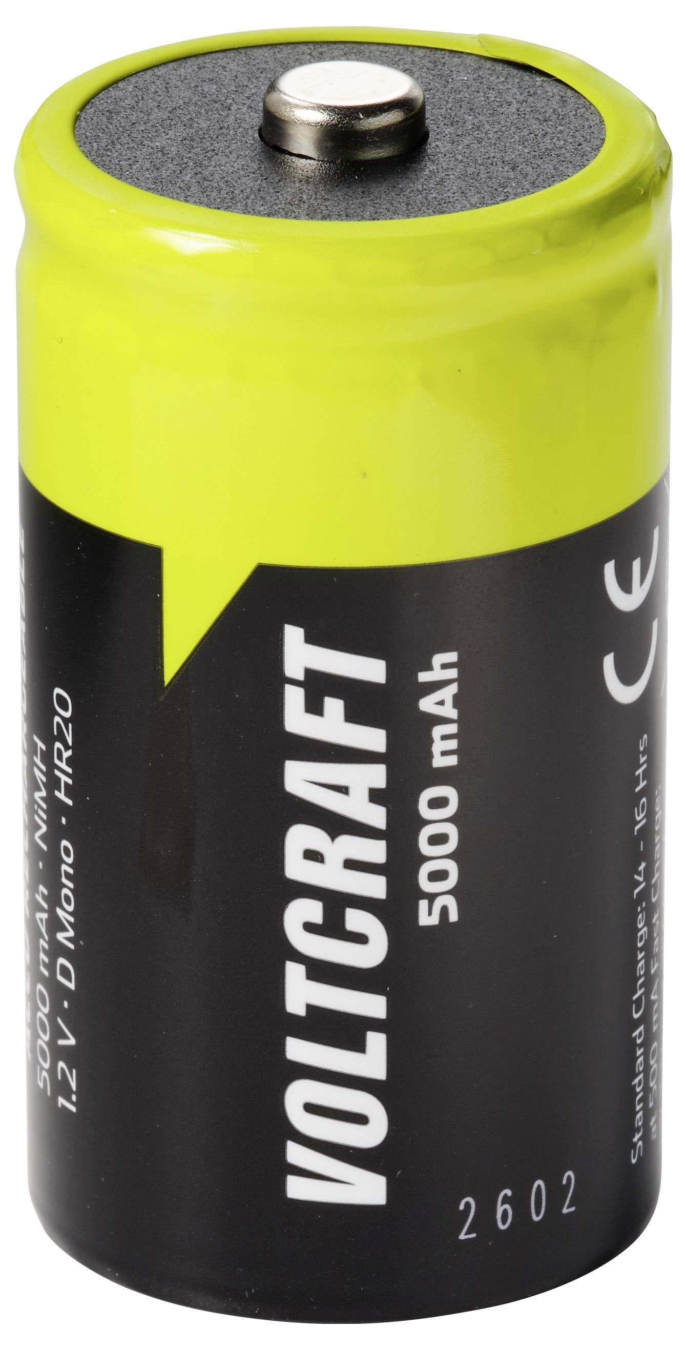 Nahaufnahme einer gelb-schwarzen VOLTCRAFT 5000-mAh-Akku-Zelle mit einem Metallanschluss oben.