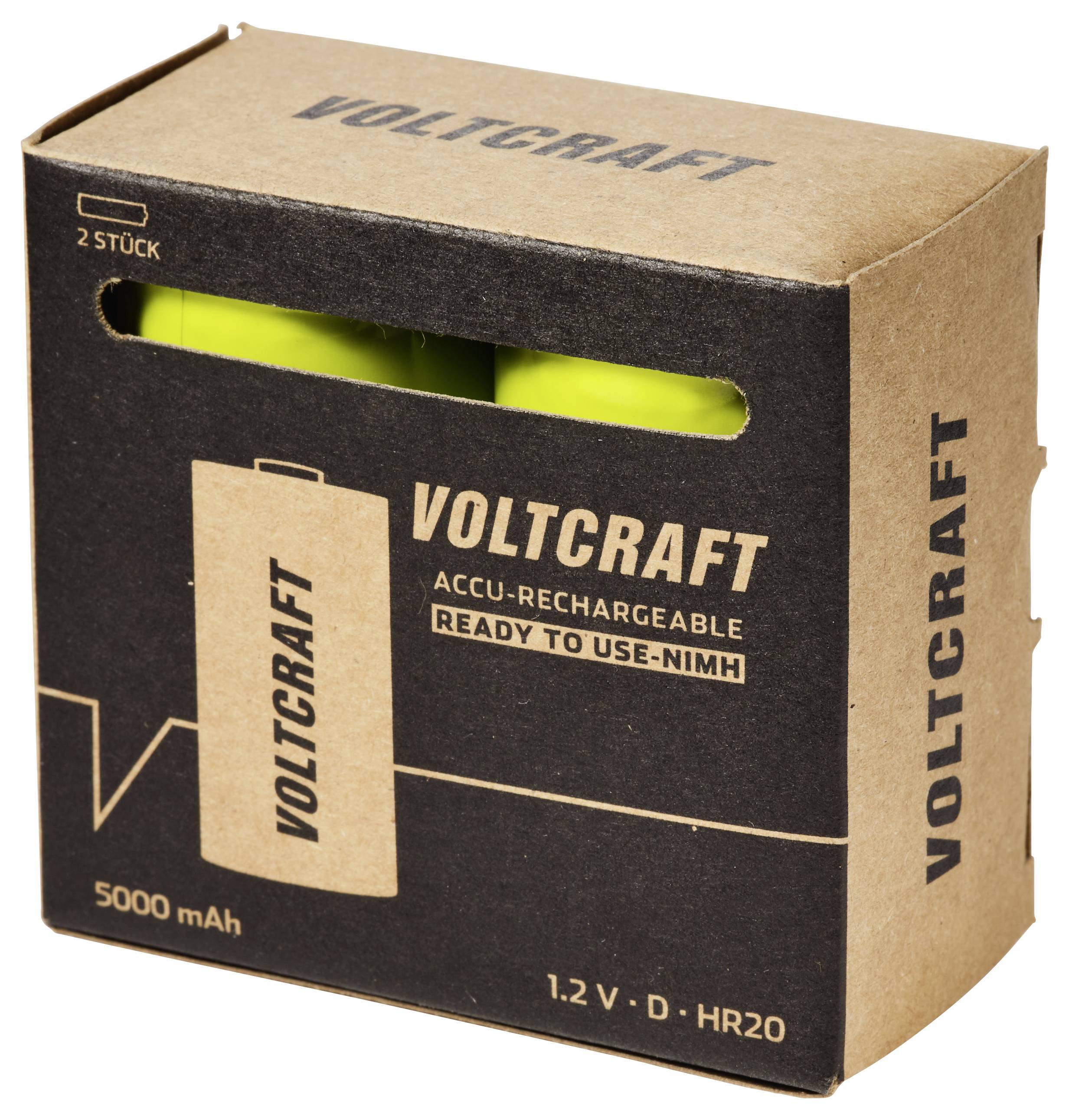 Packung mit zwei wiederaufladbaren D-Batterien von Voltcraft, 5000 mAh, 1,2 V NiMH, gezeigt in Einzelhandelsverpackung mit sichtbaren gelben Zellen durch Fenster.