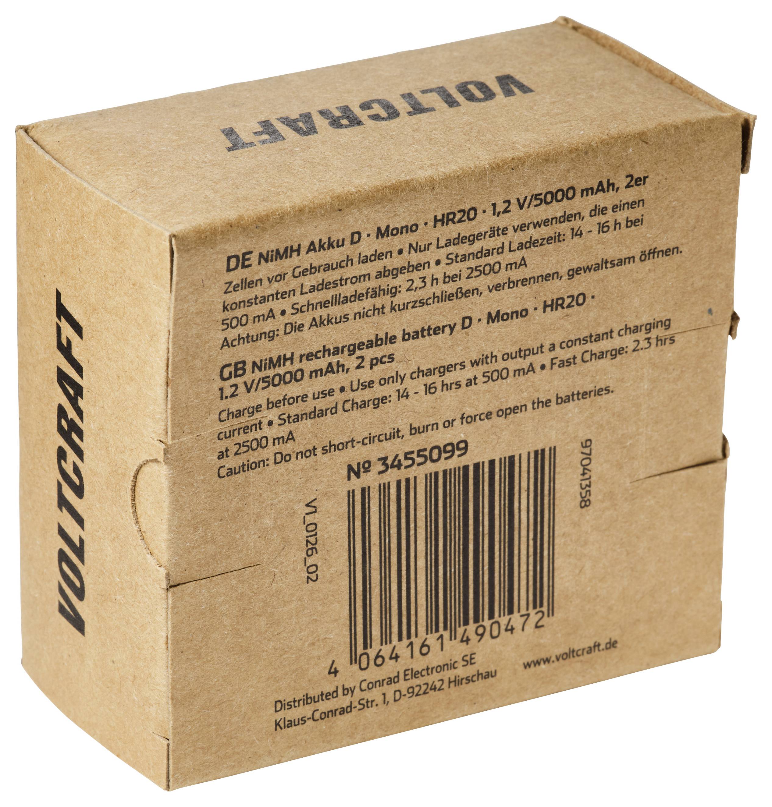 Cardboard Voltagraft Batteriebox mit gedruckten Spezifikationen und Barcode, geschlossen auf weißem Hintergrund dargestellt.