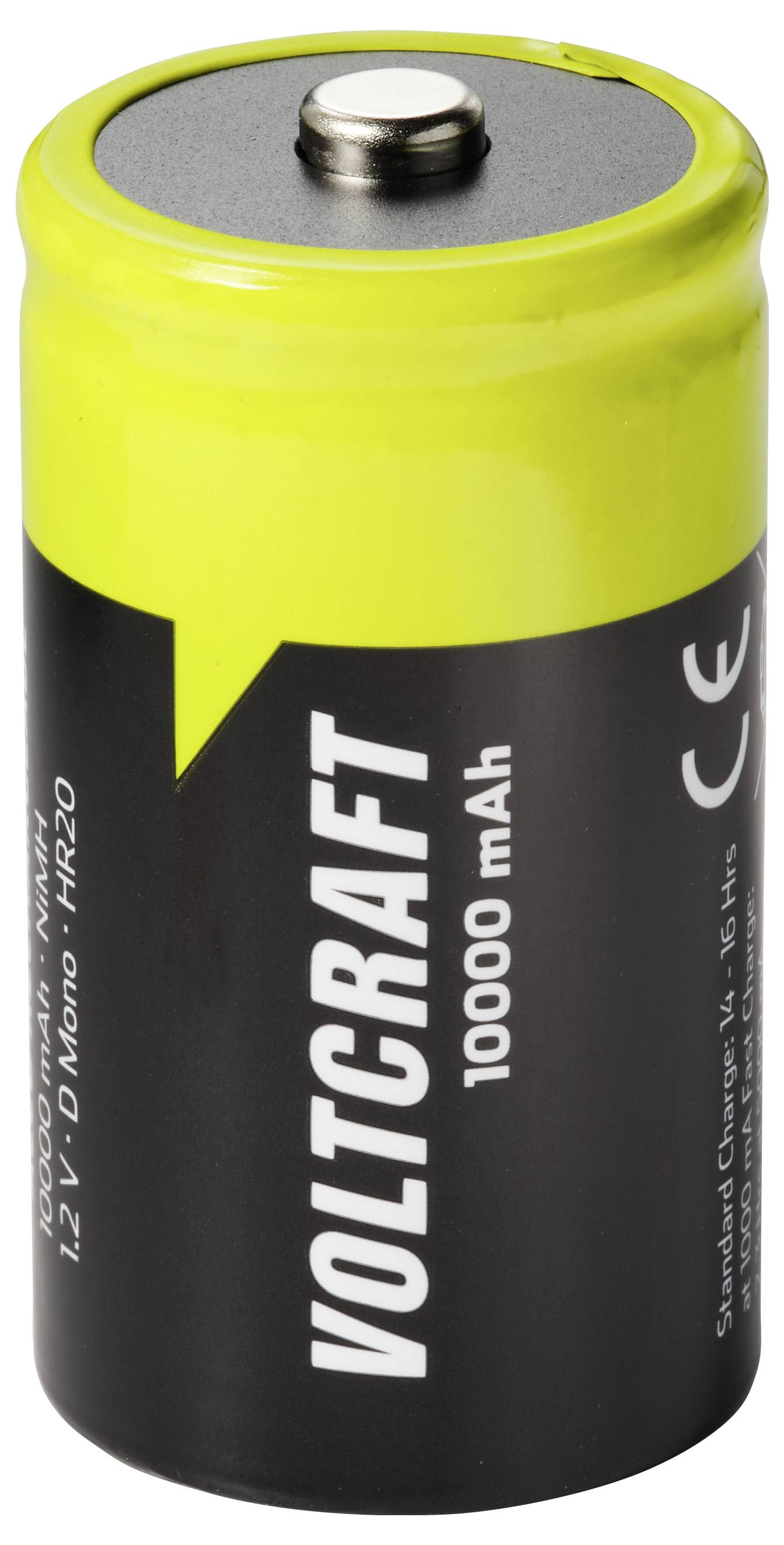 Eine schwarze-gelbe Voltcraft 10000-mAh-Wiederaufladbare Batterie mit einem einzelnen Metallkontakt auf der Oberseite.