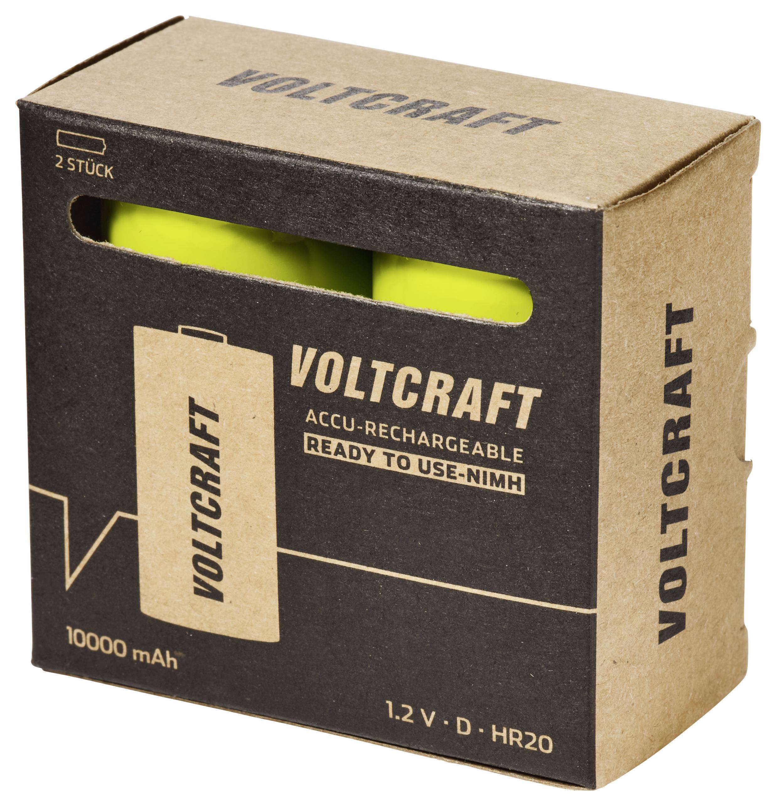 Voltcraft Wiederaufladbare Batterie-Verpackung für zwei 1,2V D-Größe NiMH-Zellen, mit Bezeichnung 10.000 mAh.