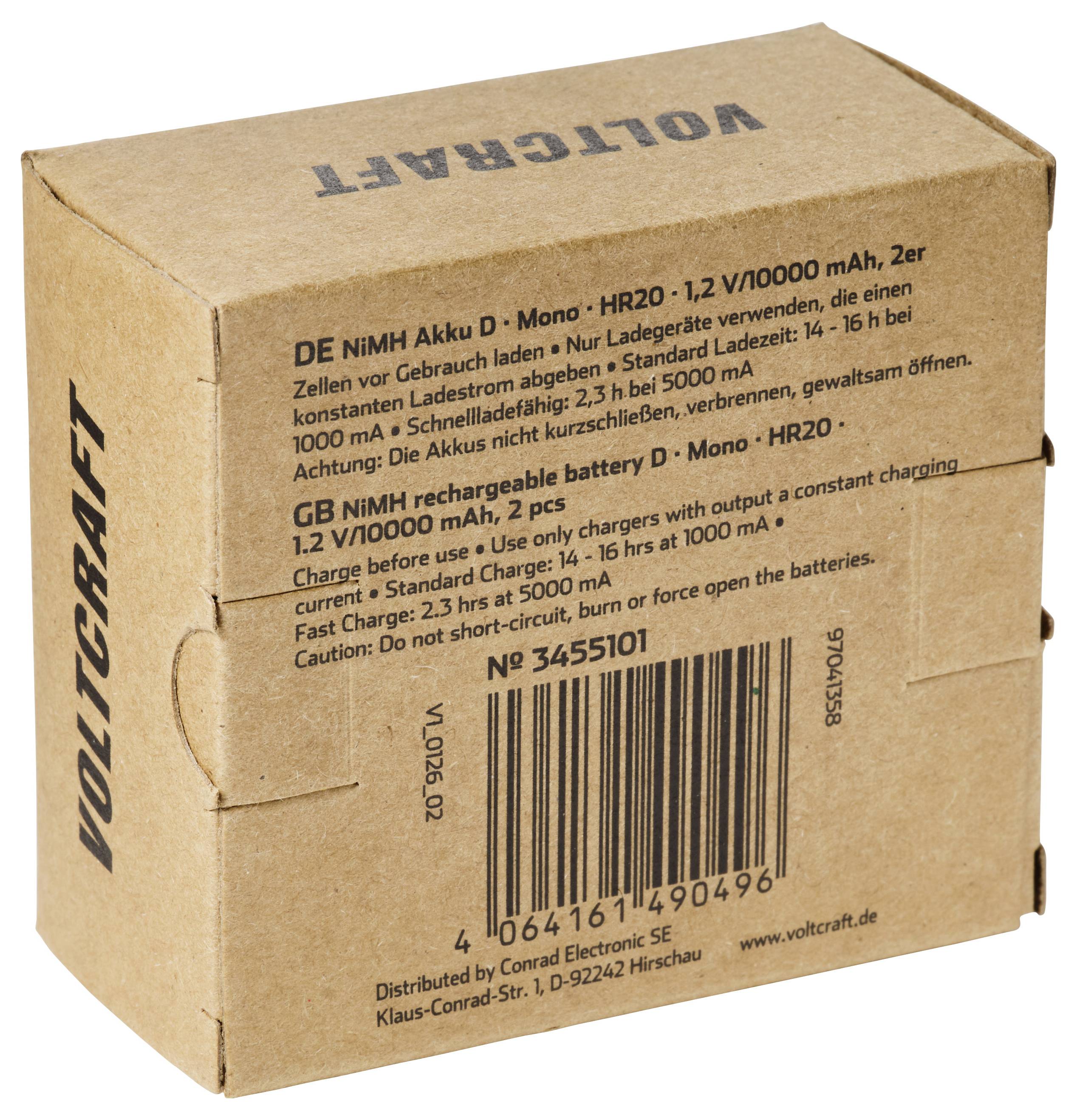 Pappkarton mit wiederaufladbaren D-Zellen-NiMH-Batterien von Voltgraft, gekennzeichnet mit 1,2V 10000 mAh, mit Barcode und Sicherheitstext.
