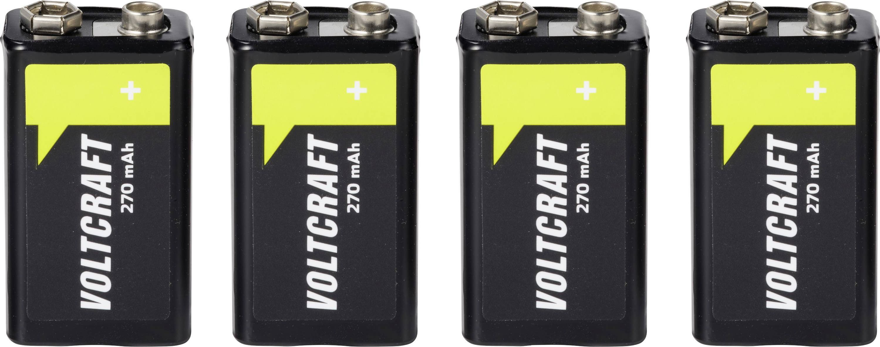 Vier Volticraft 9V-Batterien nebeneinander angeordnet, schwarz mit gelben Oberteilen und der Aufschrift „VOLTICRAFT 270 mAh