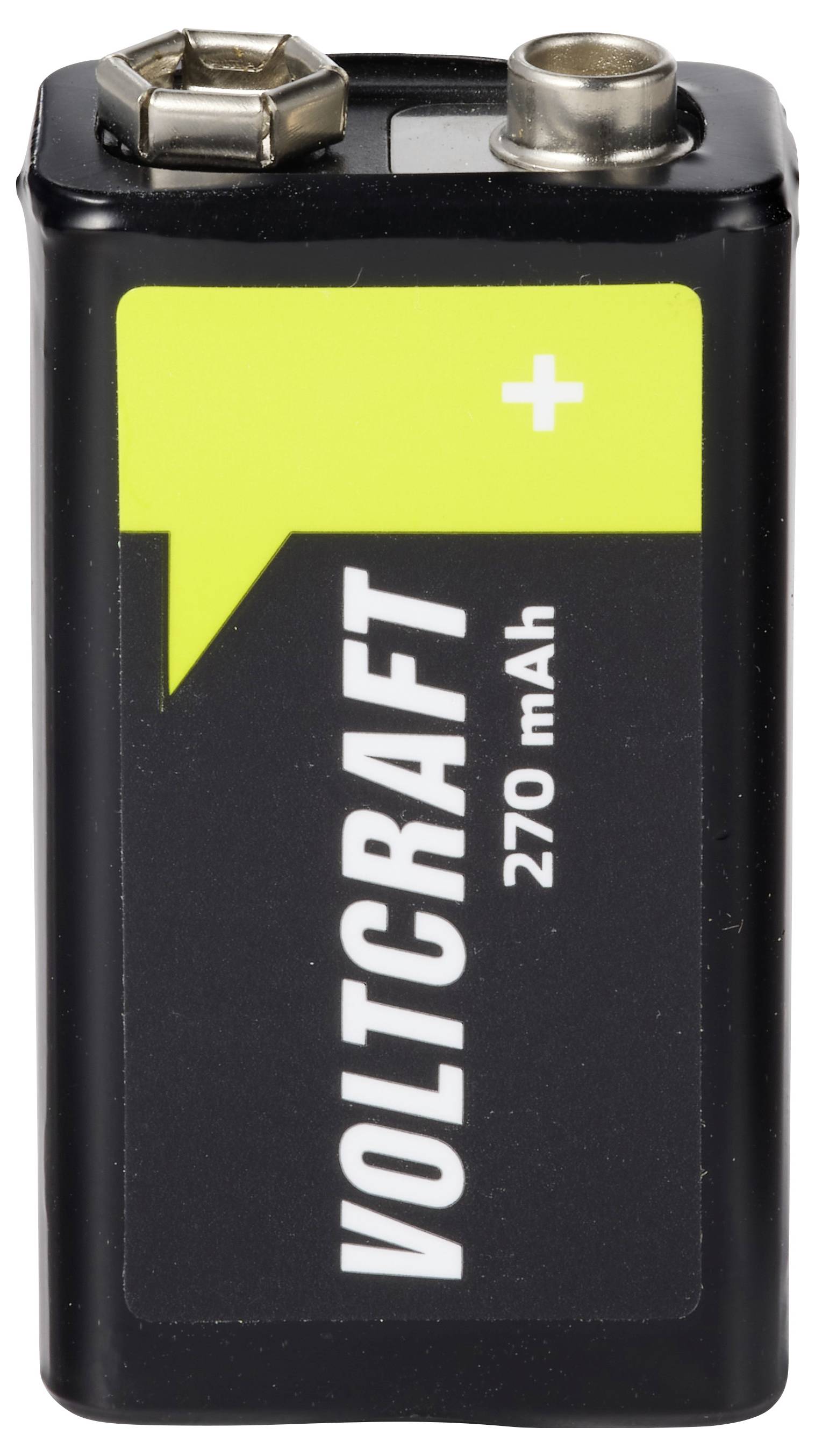 Schwarze 9-Volt-Voltcraft-Batterie mit sichtbaren positiven und negativen Anschlüssen, gekennzeichnet mit „VOLTCRAFT 270 mAh
