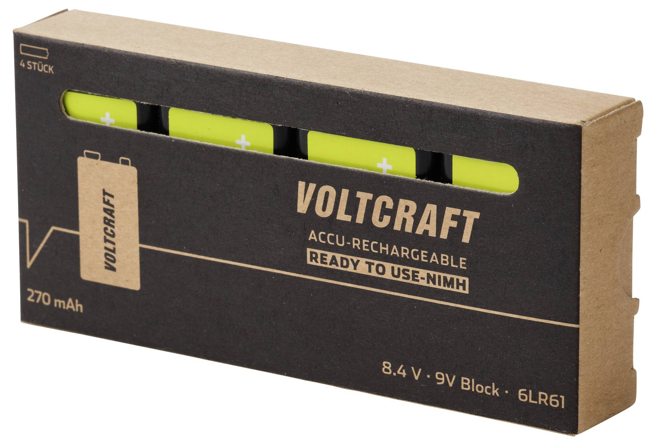 Packung mit vier aufladbaren VOLTCRAFT NiMH 9V-Batterien, 270 mAh, 8,4 V, einsatzbereit.