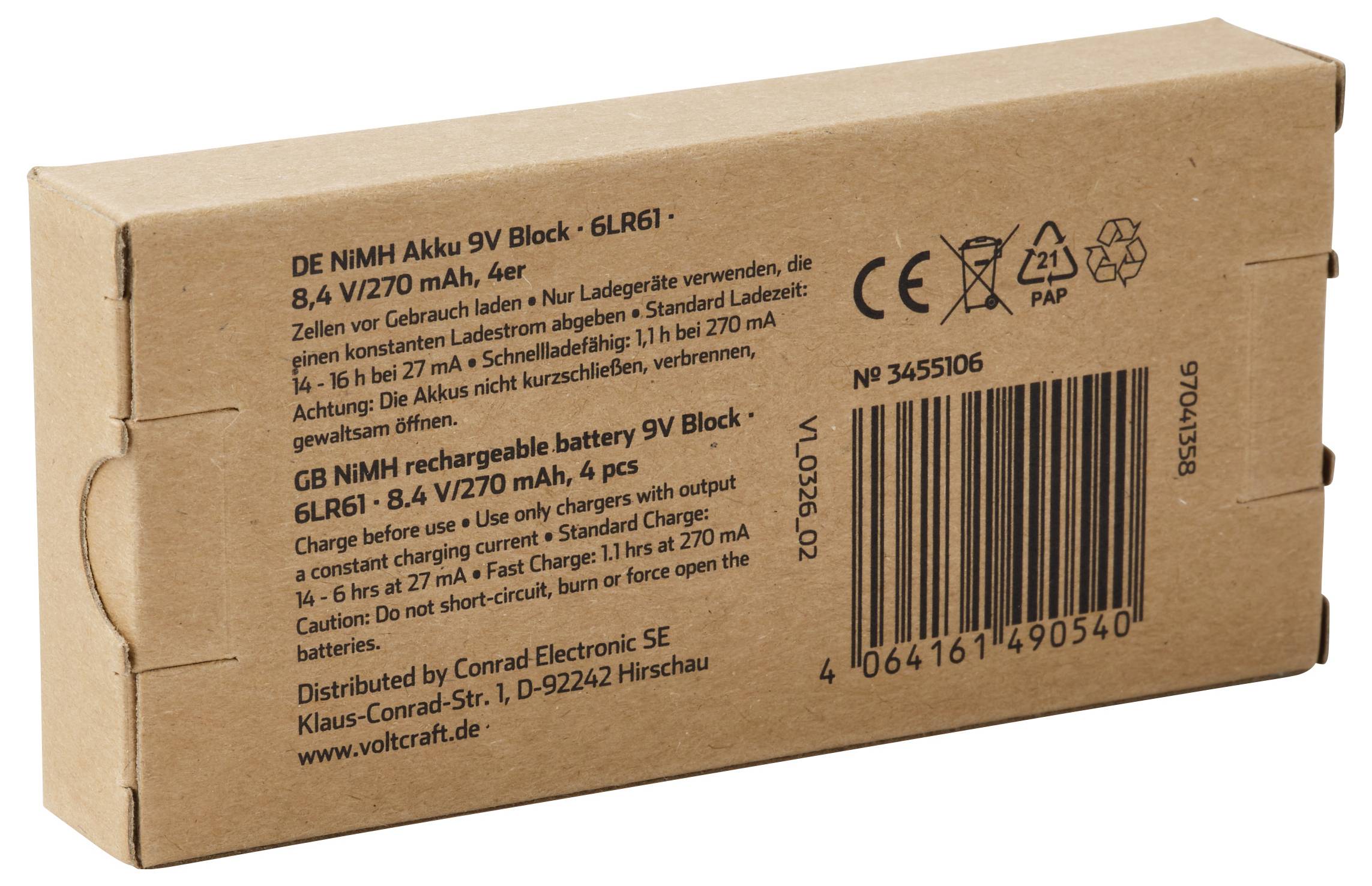 Pappkarton für ein wiederaufladbares 9V-Batteriepack mit der Aufschrift „DE NIHM Akku 9V Block