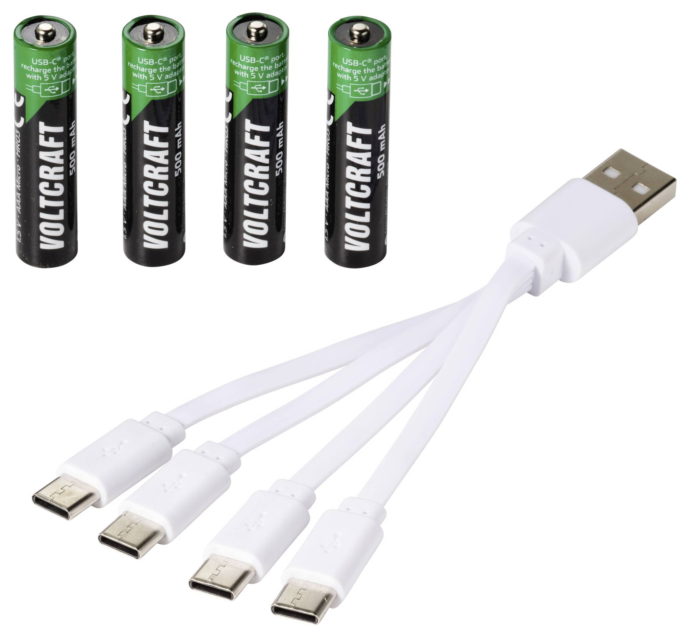 Vier AA-Batterien und ein USB-Ladekabel mit einem USB-A-Stecker und vier USB-C-Anschlüssen.