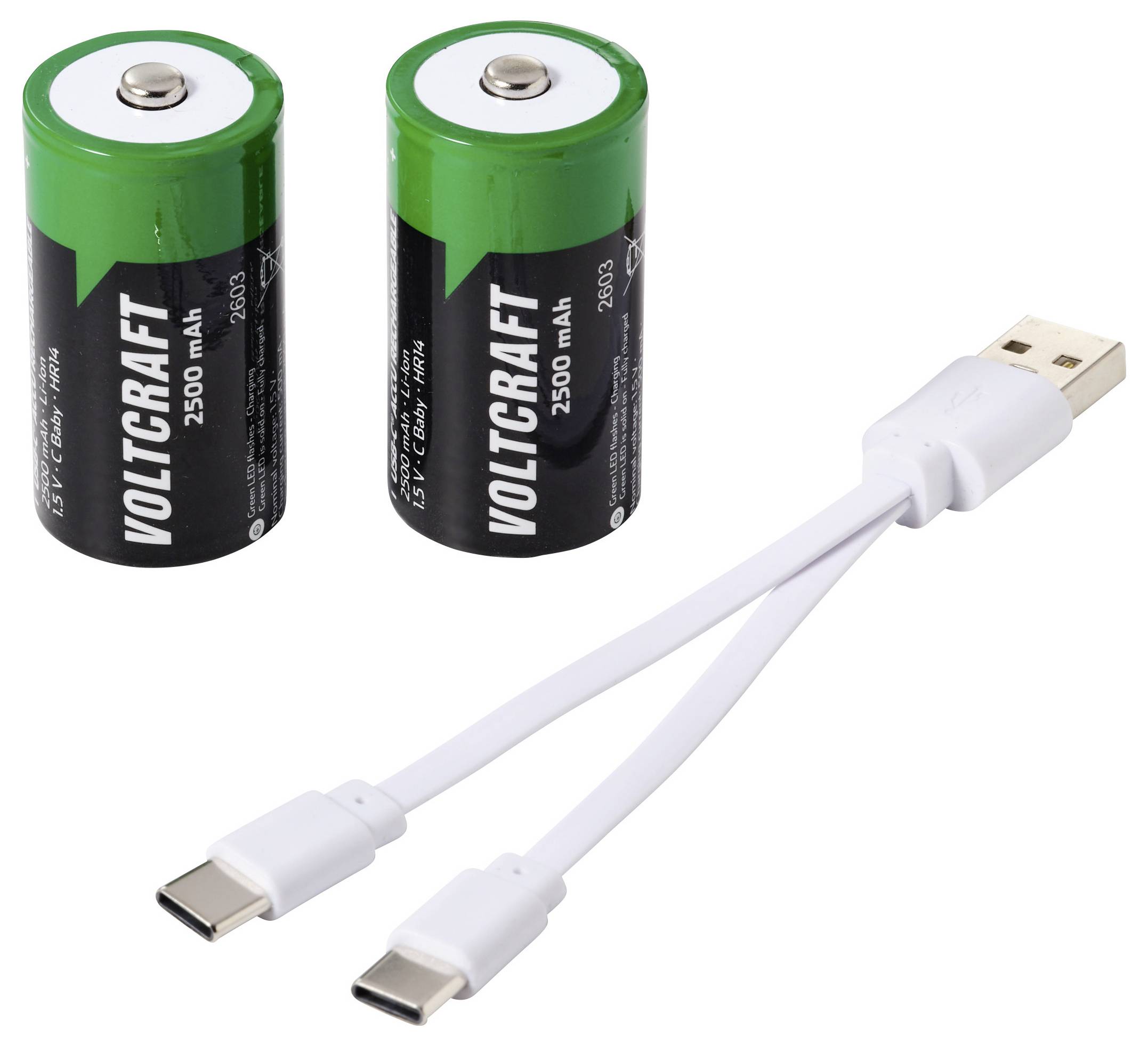 Zwei Voltcraft 2500 mAh Batterien und ein weißes USB-C Splitter Kabel mit einem USB-A Stecker und zwei USB-C Anschlüssen.