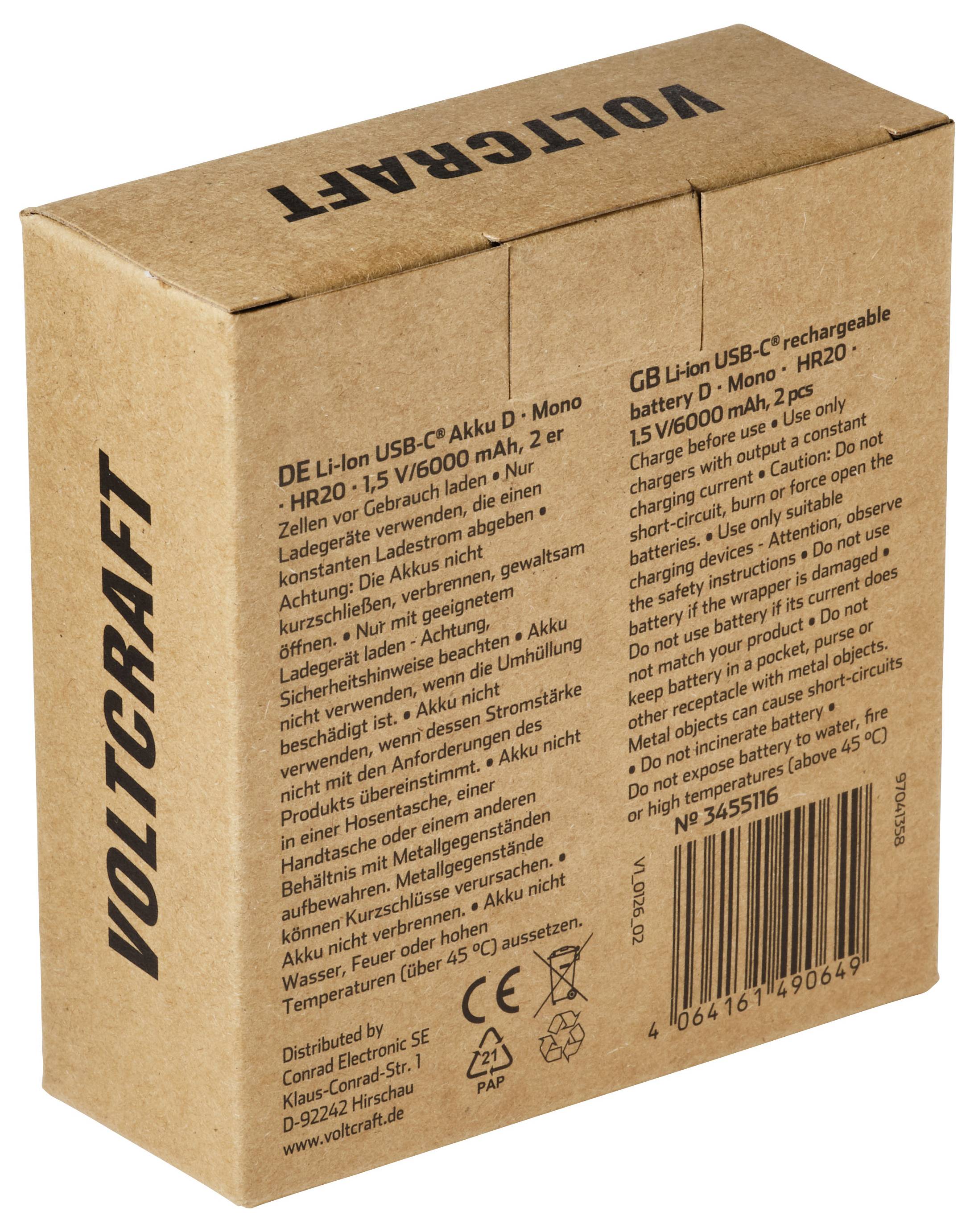 Eine Voltgraf-Batteriebox, gekennzeichnet für einen wiederaufladbaren Li-Ion-USB-C-Akku D-Mono HR20, mit mehrsprachigen Sicherheits- und Entsorgungswarnungen.