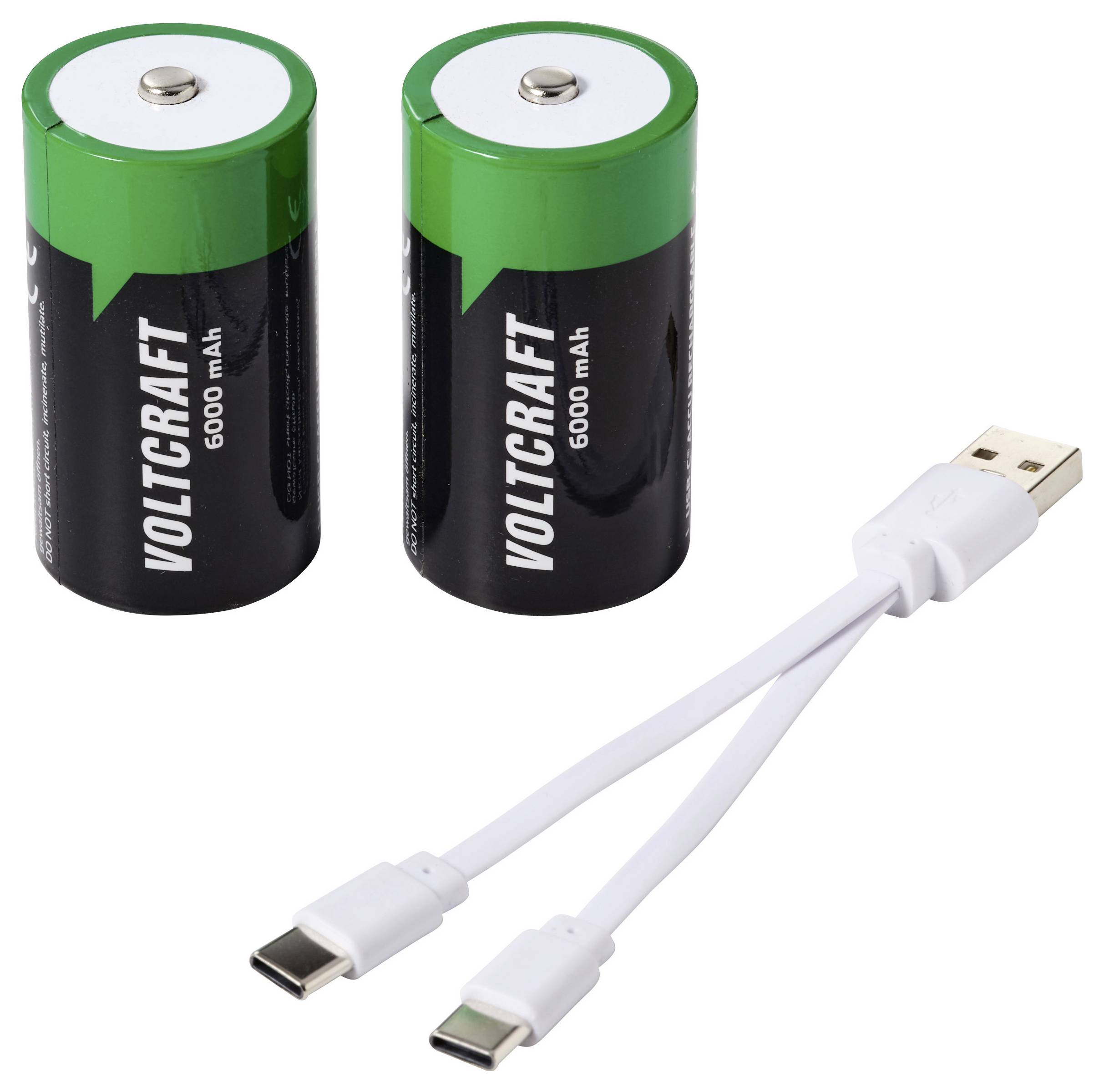 Zwei Voltcraft 6000-mAh-Batterien und ein weißes USB-C-Splitter-Kabel mit zwei USB-C-Anschlüssen und einem USB-A-Stecker.