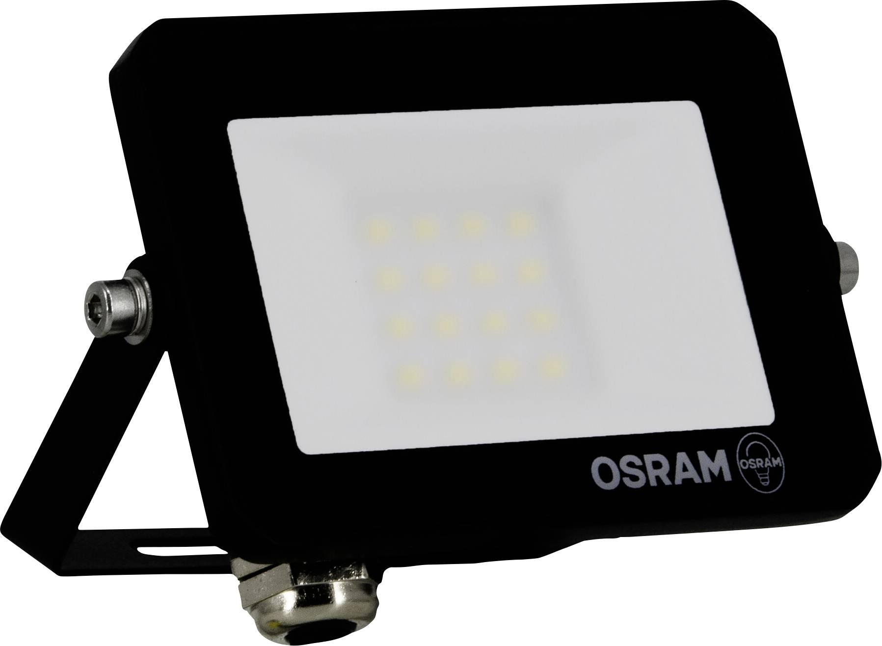 Eine schwarze Osram LED-Flutlichtlampe mit einem rechteckigen Rahmen, die ein weißes Panel mit mehreren gelben LED-Lichtern zeigt und an einem verstellbaren Halterung montiert ist.