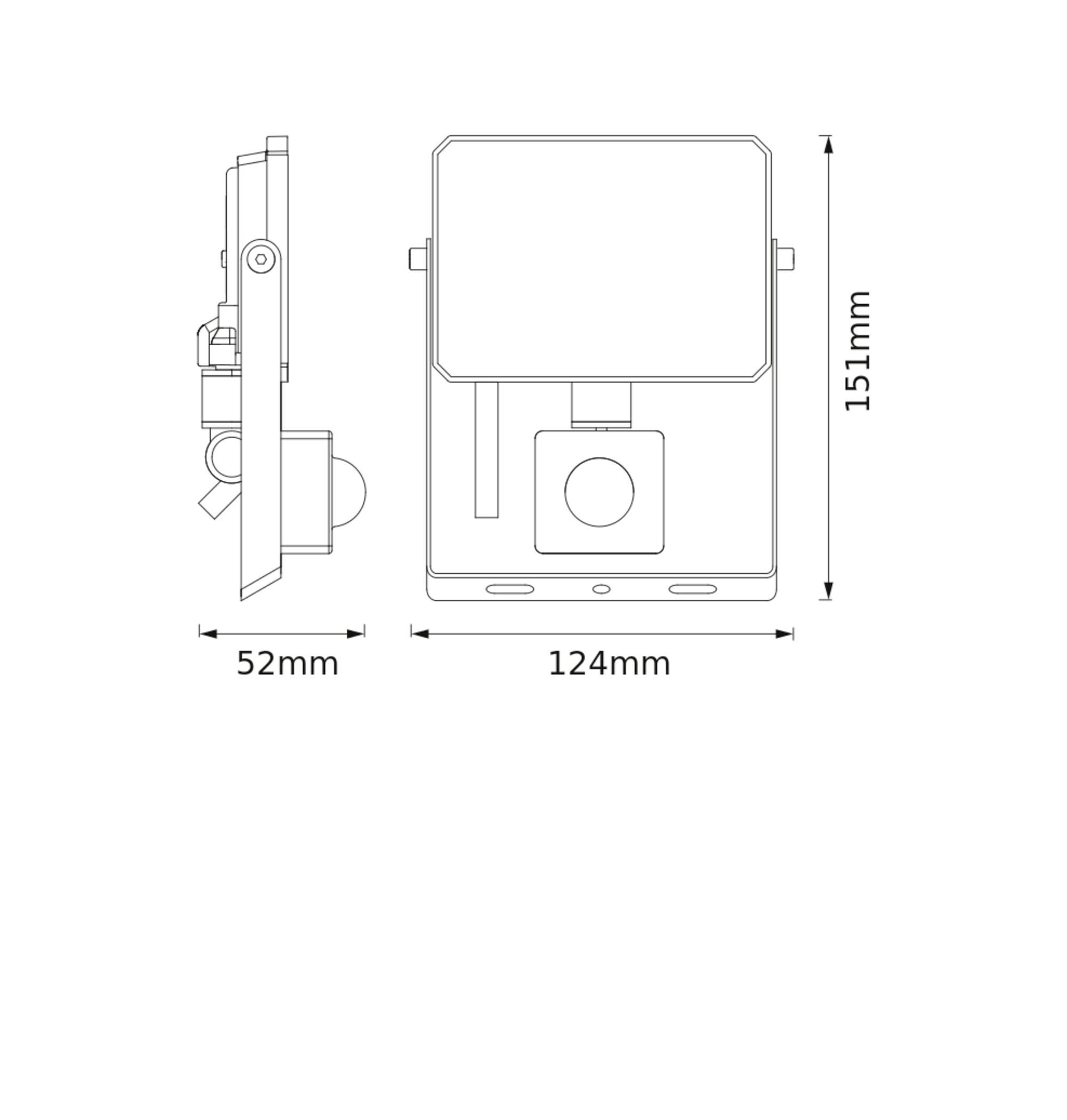 Technische Zeichnung eines rechteckigen Geräts mit Abmessungen von 52 mm Tiefe, 124 mm Breite und 151 mm Höhe. Front- und Seitenansicht dargestellt.