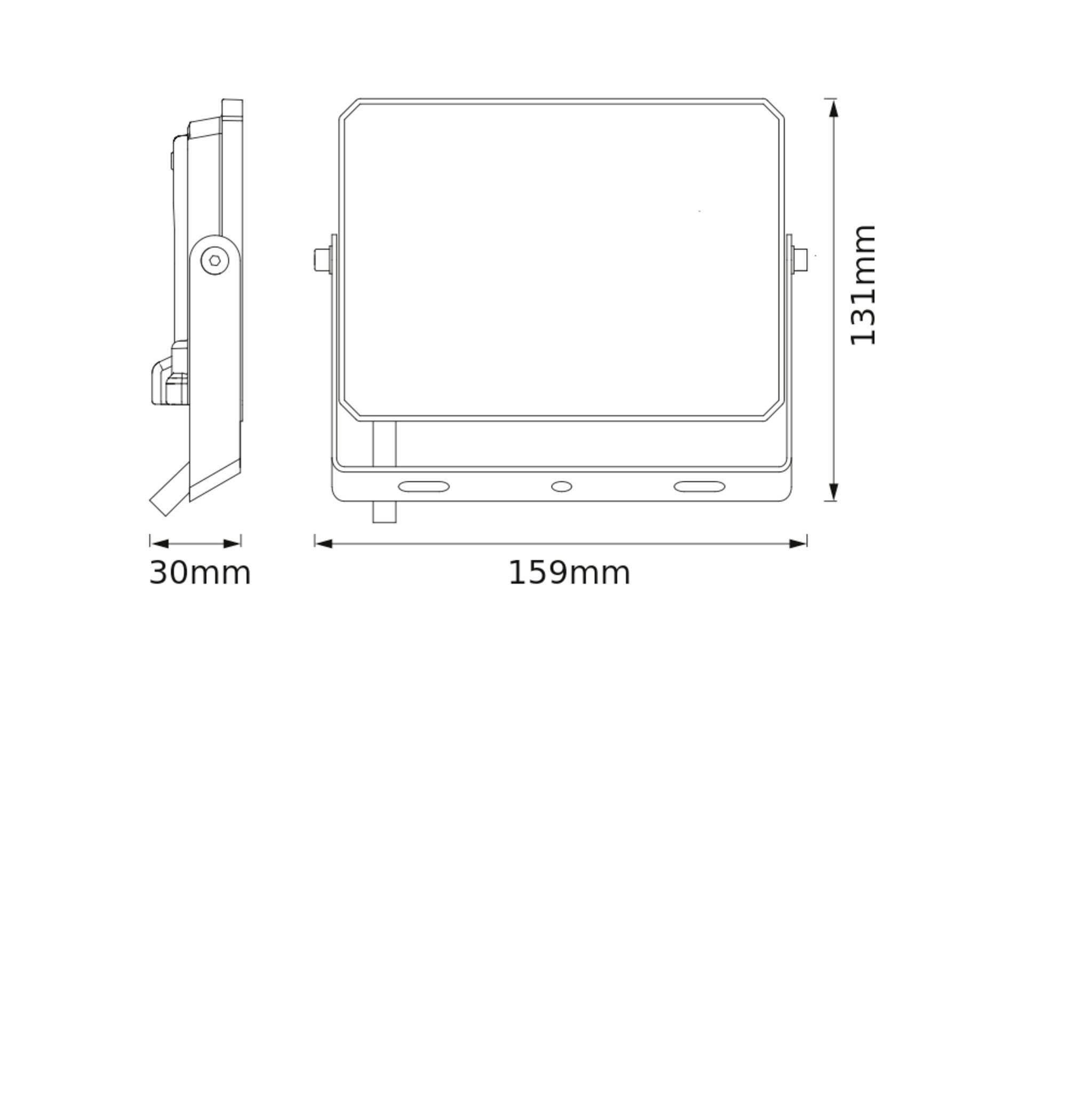 Technische Zeichnung einer rechteckigen Leuchte mit Abmessungen: Höhe 131 mm, Breite 159 mm und Tiefe 30 mm. Seiten- und Frontansicht dargestellt.