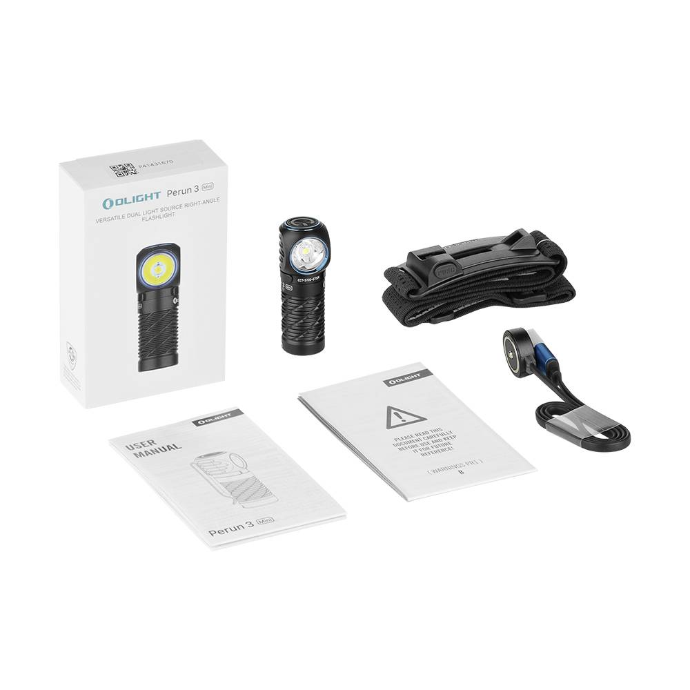 Ein Taschenlampen-Set mit einer schwarzen Taschenlampe, Stirnband, magnetischem Ladekabel, Bedienungsanleitung und Verpackung mit der Aufschrift 'Olight Perun 3'.