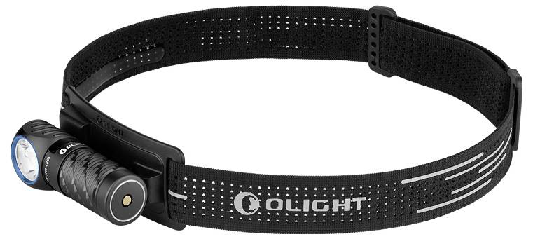 Schwarze Olight-Stirnlampe an einem verstellbaren Gurt befestigt, mit einer runden Leuchte und strukturierter Griffoberfläche, auf weißem Hintergrund platziert.