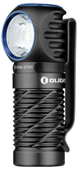 Eine kompakte, schwarze, handliche Taschenlampe mit strukturiertem Griff und einem blauen Akzentring um die Linse, mit der Markenbezeichnung 'OLIGHT' an der Seite.