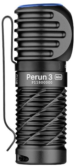 Schwarze taktische Taschenlampe, Modell 'Perun 3 Mini', mit strukturiertem Griff und einer Clip an der Seite.