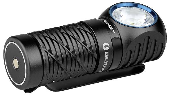 Eine kompakte, schwarze Taschenlampe mit strukturiertem Griff und blauer Einfassung um die Linse, konzipiert für mobile Nutzung.