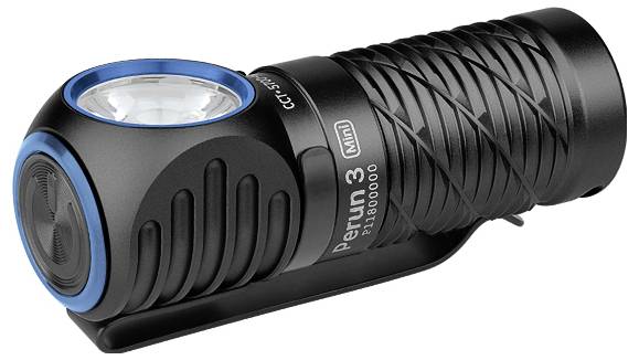 Kompakte schwarze Taschenlampe mit strukturiertem Griff, blauen Akzenten und einer seitlichen Klammer, mit der Aufschrift "Perun 3 Mini".