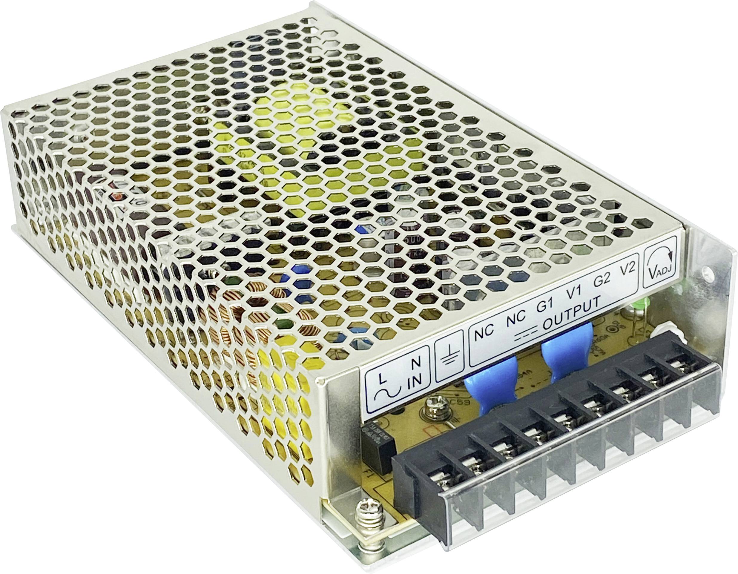 Metallisches Stromversorgungsgerät mit perforiertem Gehäuse, das Eingangs- und Ausgangsklemmen mit den Bezeichnungen 'L', 'N', 'NC', 'G1', 'V1', 'G2', 'V2' zeigt.