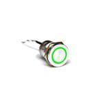 Ein kleiner, runder, metallischer Drucktaster mit grüner Hintergrundbeleuchtung, geeignet für elektronische oder mechanische Anwendungen.