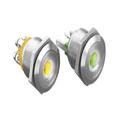 Zwei runde, metallische Druckknöpfe mit LED-Beleuchtung. Der linke Knopf hat einen gelben Ring, der rechte Knopf hat einen grünen Ring.