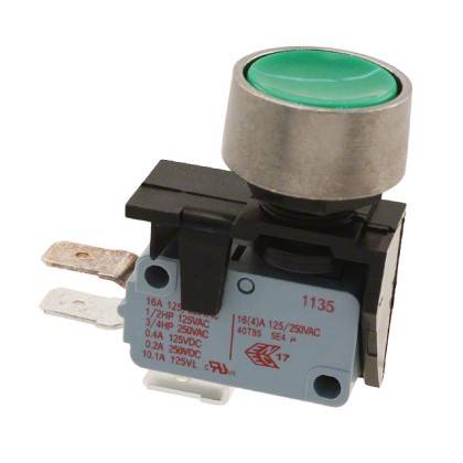 Ein grüner Drucktaster mit zwei Metallklemmen, ausgelegt für 16A 125V, der zur Steuerung elektrischer Schaltkreise verwendet wird.