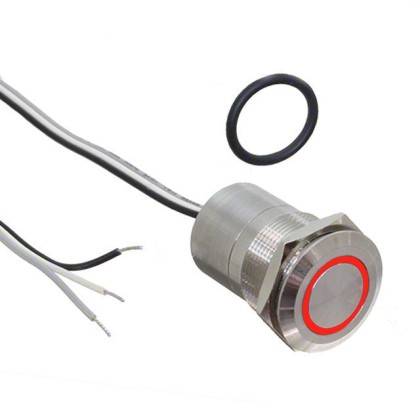 Ein Edelstahl-Drucktaster mit einem roten LED-Ring und angeschlossener Verkabelung, versehen mit einer Gummidichtung daneben.