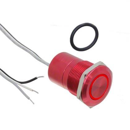 Roter Drucktaster mit zwei angeschlossenen Kabeln und einem schwarzen Gummi-O-Ring, der häufig in elektronischen Geräten für Energie- oder Steuerungsfunktionen verwendet wird.
