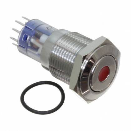 Ein Metalldrucktastenschalter mit sechs Anschlusspins und einem O-Ring, verwendet für elektronische Geräte. Der Schalter verfügt über einen kreisrunden roten Betätigungsknopf.